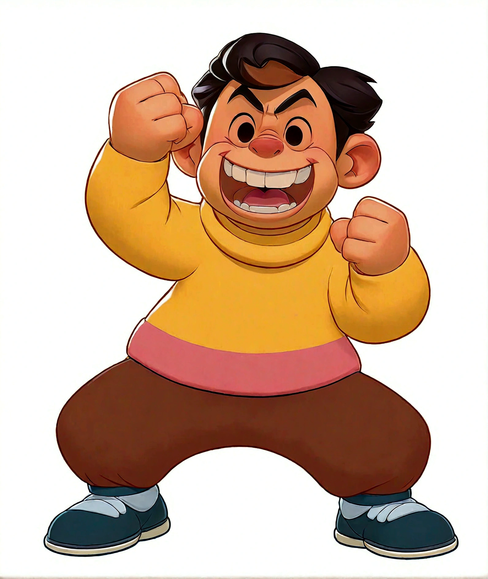 Fist up,shirt,棕色裤子和蓝色shirt,1boy,Clenched hands,whole body,Male focus,open mouth,Paw pose,shoe,Simple background,Smile,solo,White background ,Goda Takeshi