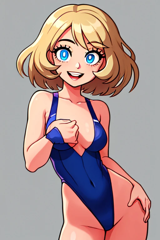 ((Masterpiece)), ((Best Quality)), (Detailed face:1.2), (Detailed eyes:1.2), (Detailed pupils:1.2), (Agile figure:1.2), solo, 1girl, 22 years old, short blonde hair, blue eyes, glossy purple leotard, she's a gymnast, gorgeous girl, gorgeous body, calm smile, expressive eyes, lively atmosphere, joyful expression, impeccable makeup, glossy lips, twinkling eyes, whimsical feeling, standing, simple background, grey background
