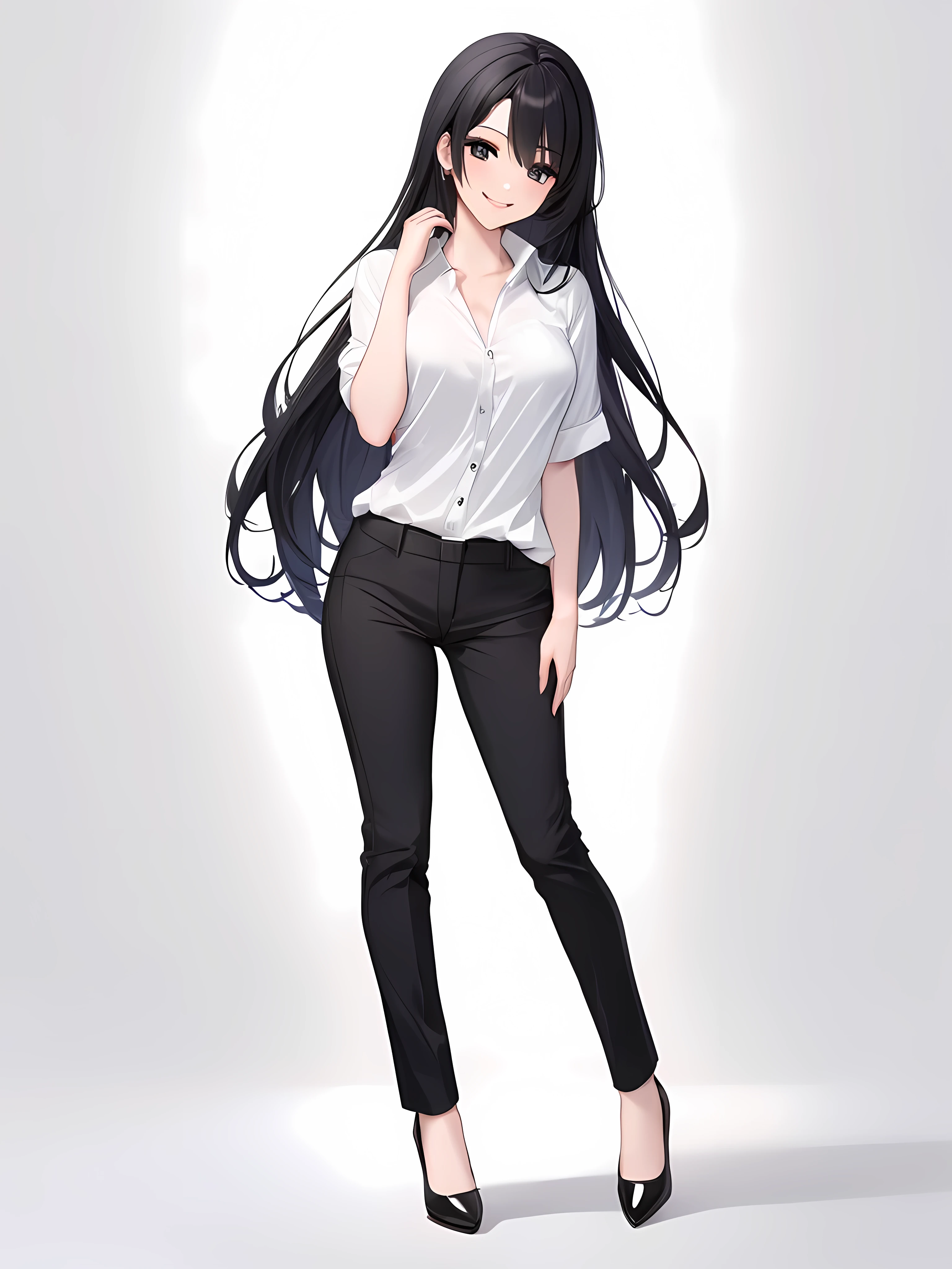 Female, Humble, Beautiful, Charm, Kind, Long pitch black Hair, Detail black Pupil Eyes, medium breast size, sexy body, white skin, White  shirt, Black Long pants, female shoes, full body, smiling. White Background.