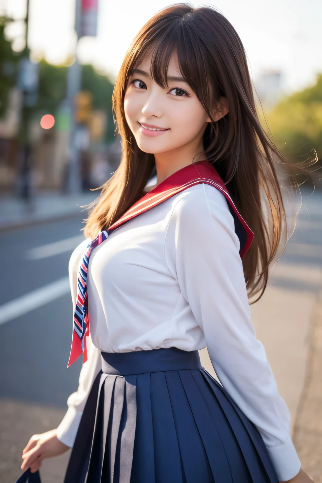 better quality, face focus, soft light, ultra high res, (photorealistic:1.6), RAW photo,
1 Japanese girl, solo, cute, (bright smile:0.9), (brown eyes, lights in the eyes), detailed beautiful face, (small chest), (high resolution detail of human skin texture),
(long hair),standing,
sailor-style  with large rounded navy blue collar with two white stripes, large red ribbon, pleated skirt,
high school background

