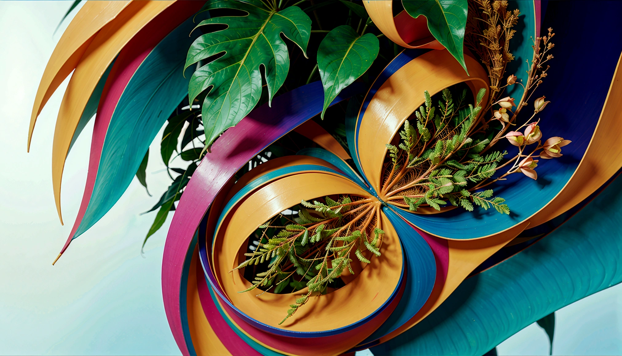 a detailed abstract plant, minimalist, natural, geometric shapes, botanical, modern, modern art, abstract art, abstract botanical, abstract nature, abstract plant, bright colors, vibrant colors, colorful, 4k, high resolution, high quality, intricate details, photorealistic, digital painting, illustration, masterpiece