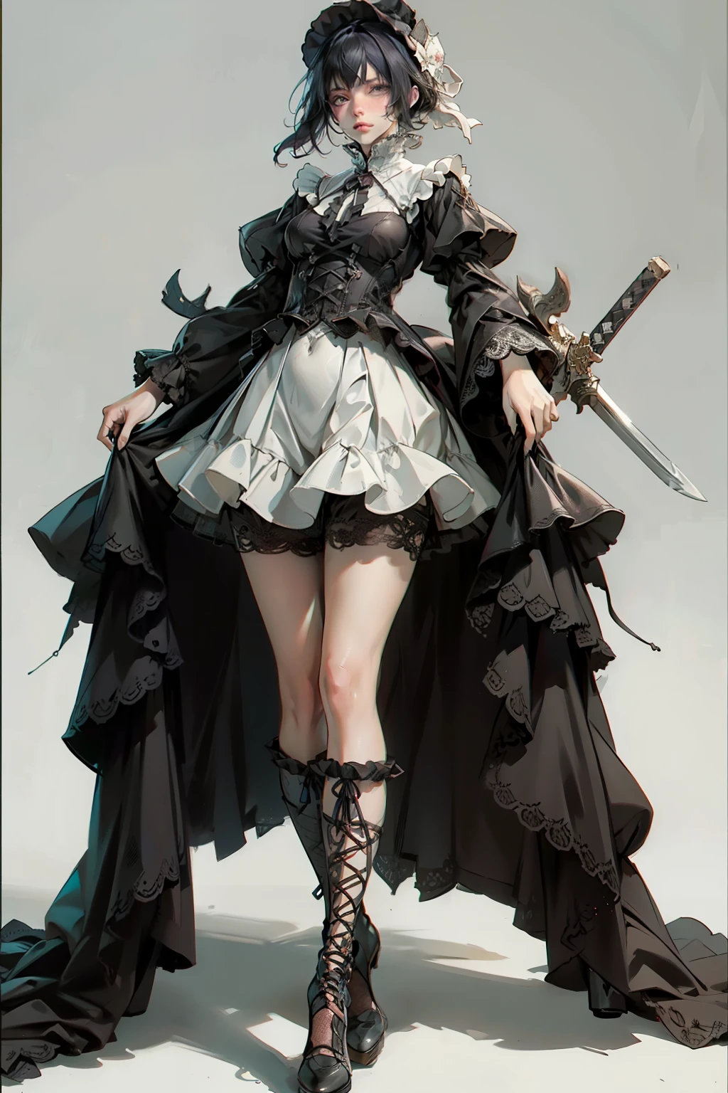 ((best quality)), ((masterpiece)), (detailed), 1girl, off-shoulder, Character design, female, dynamic poses, long white grey hair, grey white eyes, very skinny, detailed, best quality, no accesoires around the neck, no shoes, prominent collarbones, skinny arms, flat stomach, visible hip bones, full body, blank white background, plain background, white background, red and white clothing, Bloodborne inspired, occult aesthetic, occult, detailed and intricate steampunk and detailed gothic, NSFW, Very dramatic and cinematic lighting, cosmic horror, grim-dark, side-lighting, perfect face, NSFW, Fluttering lace flared long knee length dress with frilly petticoats, knee length dress, pleated petticoats, petticoats gothic, complex lace boots, side-lighting, gothic lolita aesthetic, wielding a mighty sword with mechanical components, mandalas, small breasts, a fairy, various different types of insect wings, NSFW, full body, whole body, body, plain background, white background, blank background, no background, white background NSFW, chains, full body, whole body, head-to-toe NSFW, oil painting