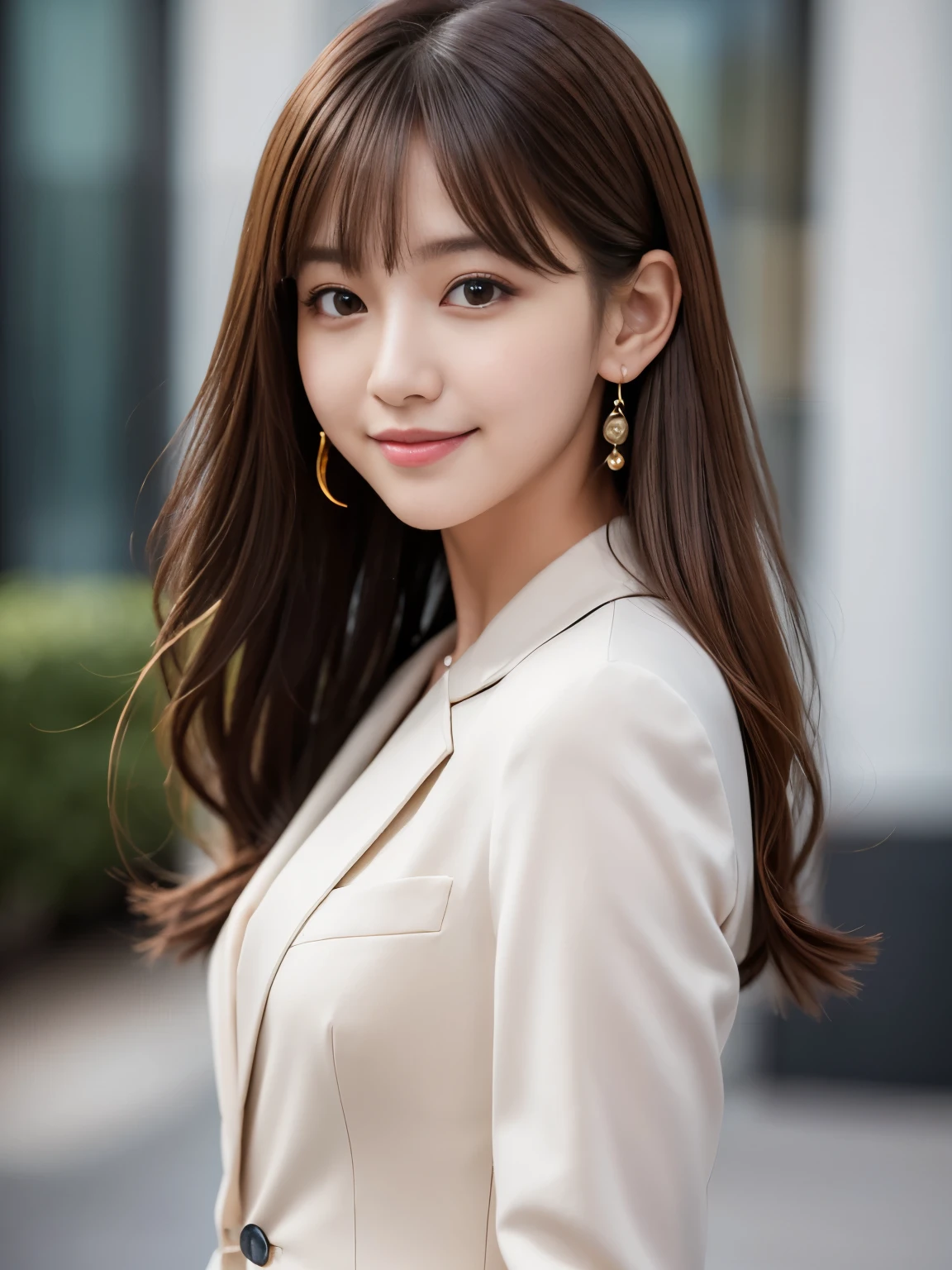 Ultra High Definition, Superior Quality, Premier Quality, ultra detailed, Photorealistic, 8k, RAW Photos, highest quality, masterpiece, Attractive girl, Stunning girl, Impish Smile, Brown Hair, Shoulder Length Layered, asymmetrical bangs, K-pop Idol, Sophisticated girl, office lady suit,