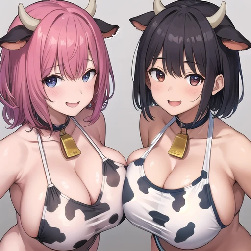 Cow print leotard,smile,detailed,big breast,2woman,steam,((2girl))