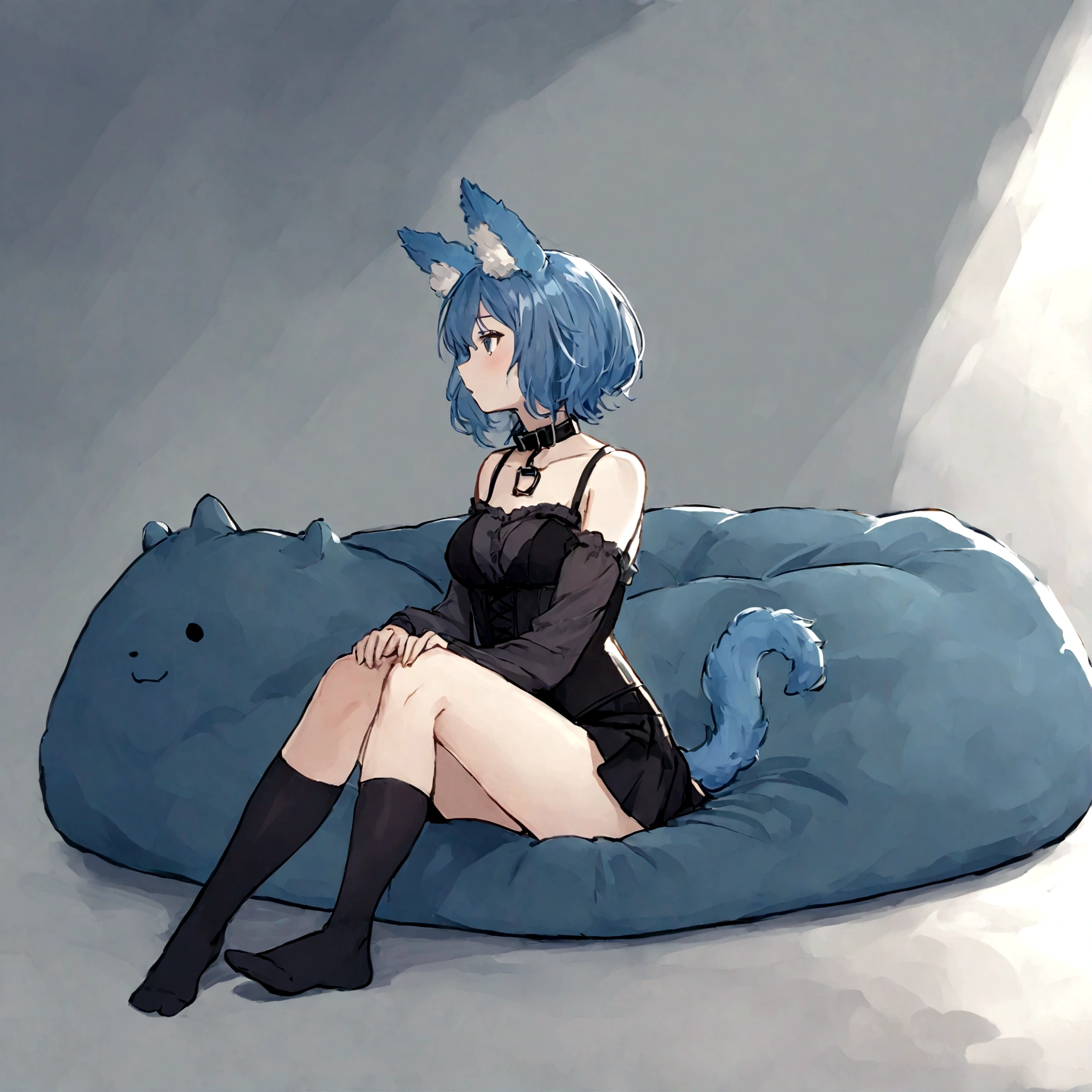 a sexy female with long blue hair, has fuzzy floppy puppy ears, has a puppy tail, wearing a black corset, wearing a black mini skirt, has a dark blue dog collar on, wearing cute thigh high socks, relaxing on knees, solo, alone, (SOLO)ALONE), no dogs, single girl, on knees, on a dog bed