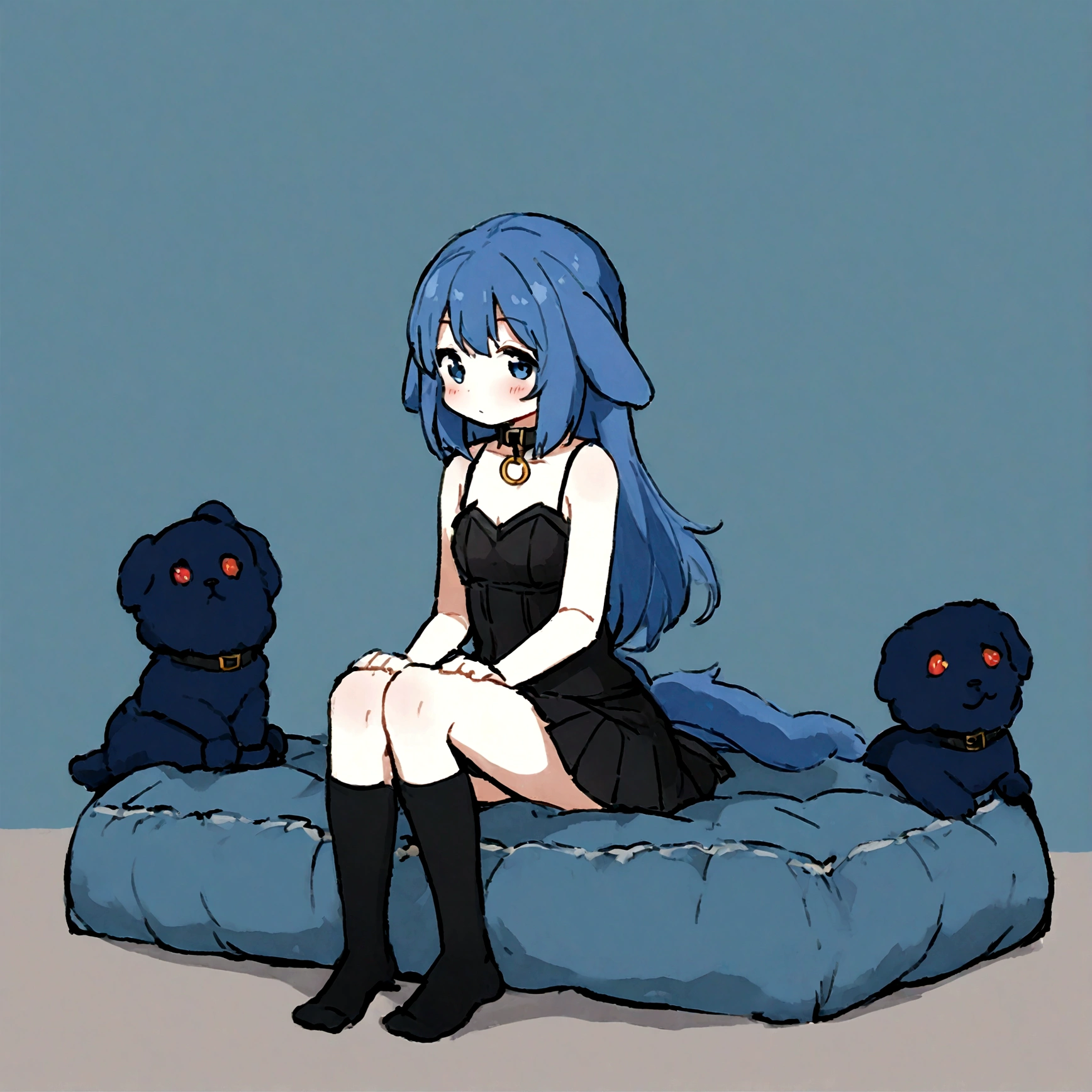 a sexy female with long blue hair, has fuzzy floppy puppy ears, has a puppy tail, wearing a black corset, wearing a black mini skirt, has a dark blue dog collar on, wearing cute thigh high socks, relaxing on knees, solo, alone, (SOLO)ALONE), no dogs, single girl, on knees, on a dog bed
