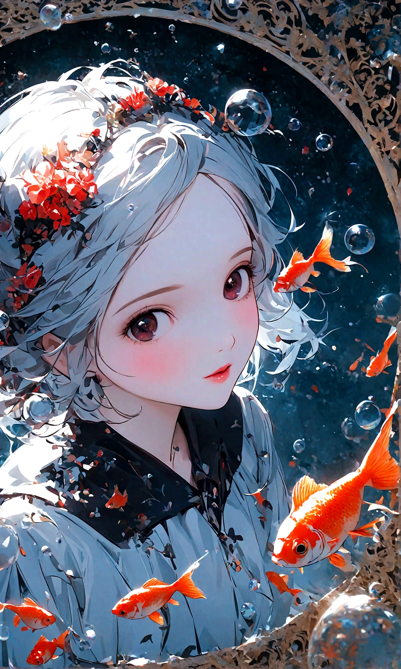 (woman\(student, 15 years old, JK, Silver flowing short hair, Cosmic eyes, Black school uniform, Pale skin, Tired face,Eyes without luster\) look up to the sky), (Many goldfish swimming in the air), Beautiful sky, Beautiful clouds, In summer,Colorful flowers blooming everywhere, (Crystal clear bubbles sparkle in the sky), There is a midday moon and a midday star in the sky, woman is at messy downtown, rest ,quality\(8K,極為細緻的CG單元wallpaper, masterpiece,High resolution,top-quality,top-quality real texture skin,Surrealism,Improve resolution,RAW photos,Best quality,Very detailed,wallpaper,movie lighting,Ray Tracing,Golden Ratio\),(long shot),Wide-angle lens,