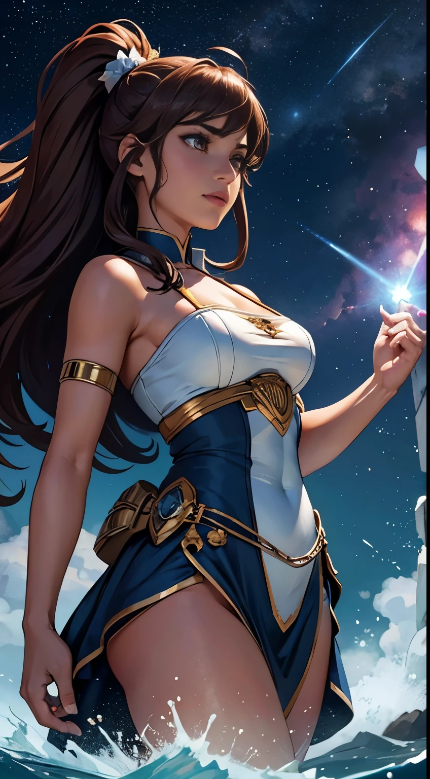Chapter 20: Awakening of Stellar Skills Upon awakening from the faint caused by the wound on his head, Estrela foi surpreendida ao
perceber que algo havia mudado dentro dela. A feeling of power pulsed inside him., uma energia que ela nunca havia sentido
antes. Confusa e curiosa, Estrela tentou entender o que estava
acontecendo. It was then that she discovered a secret kept within herself.: extraordinary stellar abilities that had been dormant until that moment. Entre essas habilidades estava a capacidade de
manipular a luz, the energy and even the constellations in the heavens.
Estrela percebeu que podia controlar a luminosidade ao seu redor,
create forms of energy that you had never imagined and even invoke the stars to help you. Furthermore, She discovered that she possessed impressive inner strength, strengthened by its ideals of justice and peace. This force impelled her to protect the islands and their inhabitants, to fight against the threats that came his way. With your new skills and your renewed determination, Estrela decided to lead her companions back to the main island, where the rest of the crew waited anxiously for news. She knew she had a role to play in protecting the islands and seeking peace and harmony. Upon arriving at the main island, Estrela noticed the presence of the mysterious light again, mas desta vez a porta permaneceu fechada. No entanto, She didn't let herself be shaken. She knew her newfound abilities enabled her to face any challenge that came her way..
Assim, with your unwavering determination and stellar skills at your side, Estrela and his crew prepared to face the dangers and challenges that awaited, ready to protect the islands and discover the secrets that surrounded them Chapter 21: The Awakening of the Inner Strength While the sailors rested comics:1.8, Cartoon tirinhas,tirinha:: futurista, e stilo de quadrinhos da Marvel, hiper HD, Ultra-HD 24K