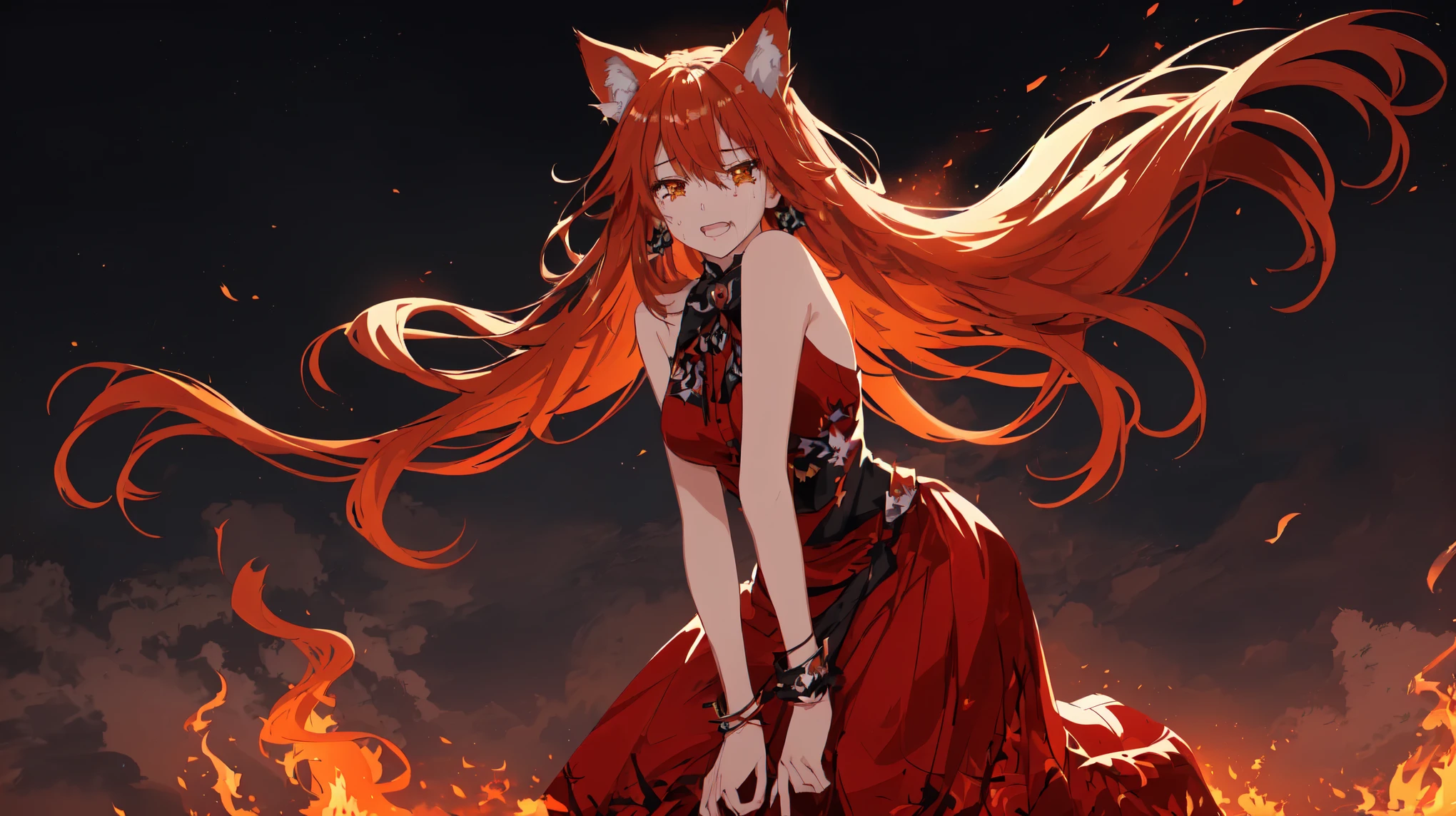 anime girl in red dress with long hair standing in front of fire, trending on artstation pixiv, Holo - wolf girl, Cool anime 8K, now, if the girl is a wolf, anime style 4k, beautiful fox lady, flames surround her, beautiful anime cat girl, fox and bush, fire!! whole body, from arknights, The girl is crying, girl in despair