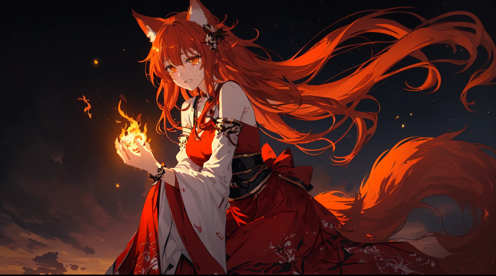 anime girl in red dress with long hair standing in front of fire, trending on artstation pixiv, Holo - wolf girl, Cool anime 8K, now, if the girl is a wolf, anime style 4k, beautiful fox lady, flames surround her, beautiful anime cat girl, fox and bush, fire!! whole body, from arknights, The girl is crying, girl in despair