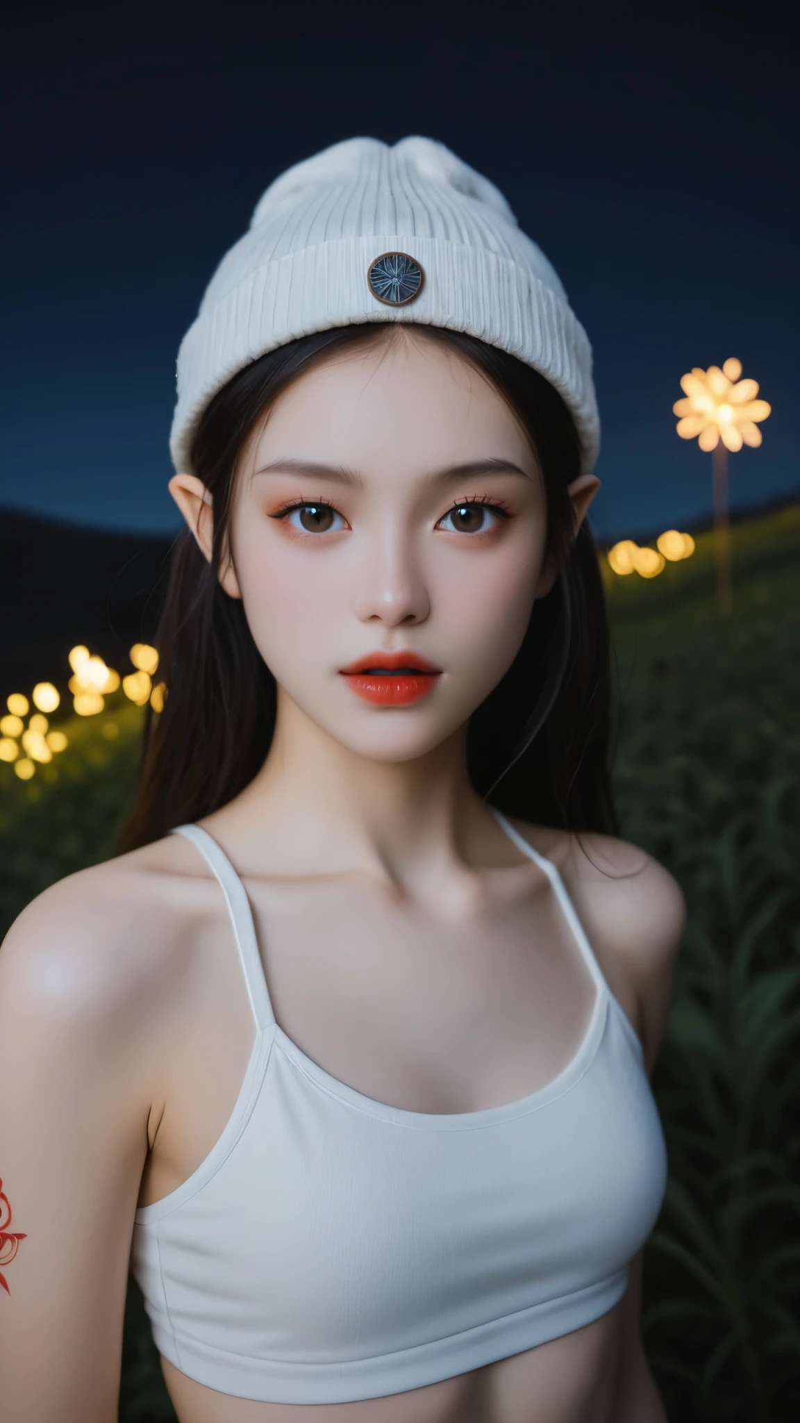 lifelike, high resolution, soft Light,1 female, Solitary, Hips up, (Delicate face), us \(piece\), Tattoo, Jewelry,long_hair, firefly, Light_particle, 松Tree_Tree, snowflake_background, milky_Way, antenna_fireworks, hat, Place your arms behind your body, blue_Eye, Katana. Close-up of a girl holding a sword, Ultra-detailed fantasy characters, Complex and beautiful anime CGI style, Suitable for a white-horned succubus, 4k detail fantasy, Highly detailed iconic characters, Handsome Biomechanical Elf, Complex fantasy characters, High detail and very sharp and intricate art. Octan Rendering, 3D rendering 8k character art, 全身漂亮的Eye, (Crop Top), (黑色cowboy裤), (full arm tattoo), illustration, (店铺background) ((masterpiece)), (best quality), ((Very detailed)), 美丽而精致的Eye, (vampire), ((Modern Landscape)), (Original, high resolution), Reality主义, semi-Reality主义, (Overexposure, illustration, 环境Light), (Delicate and meticulous), (Very detailed), (Light與影_symmetry:1.3), Light滑的, (Perfect shadow), (Perfect Rendering), (Dynamic angle, Natural posture), ((Good anatomy)), (微lol), Evil chi, (甜甜的姜hair), (頭髮遮住一隻Eye), (Delicate face), ((Complex surface)), 微lol, Depth of Field, Dynamic from above, 灯Light, (Reality), (Clear focus)(Geoffrey Catherine Jones Style,:1.0),(Liu Ye's style:0.9), cowboy_shooting,(1 girl solo:1.1),Heart,(Heart跳:1.1),Multi-layered long-sleeved dress,((pink) Gradient to white) Flower Paper Cut Layer, Breaking the darkness_background,反Light布,(Gradient clothes:1.2),(Heart手:1.3),(hair遮住一只Eye:1.6),钻hair,Side Mao Insult,lol,(blush:1.3),