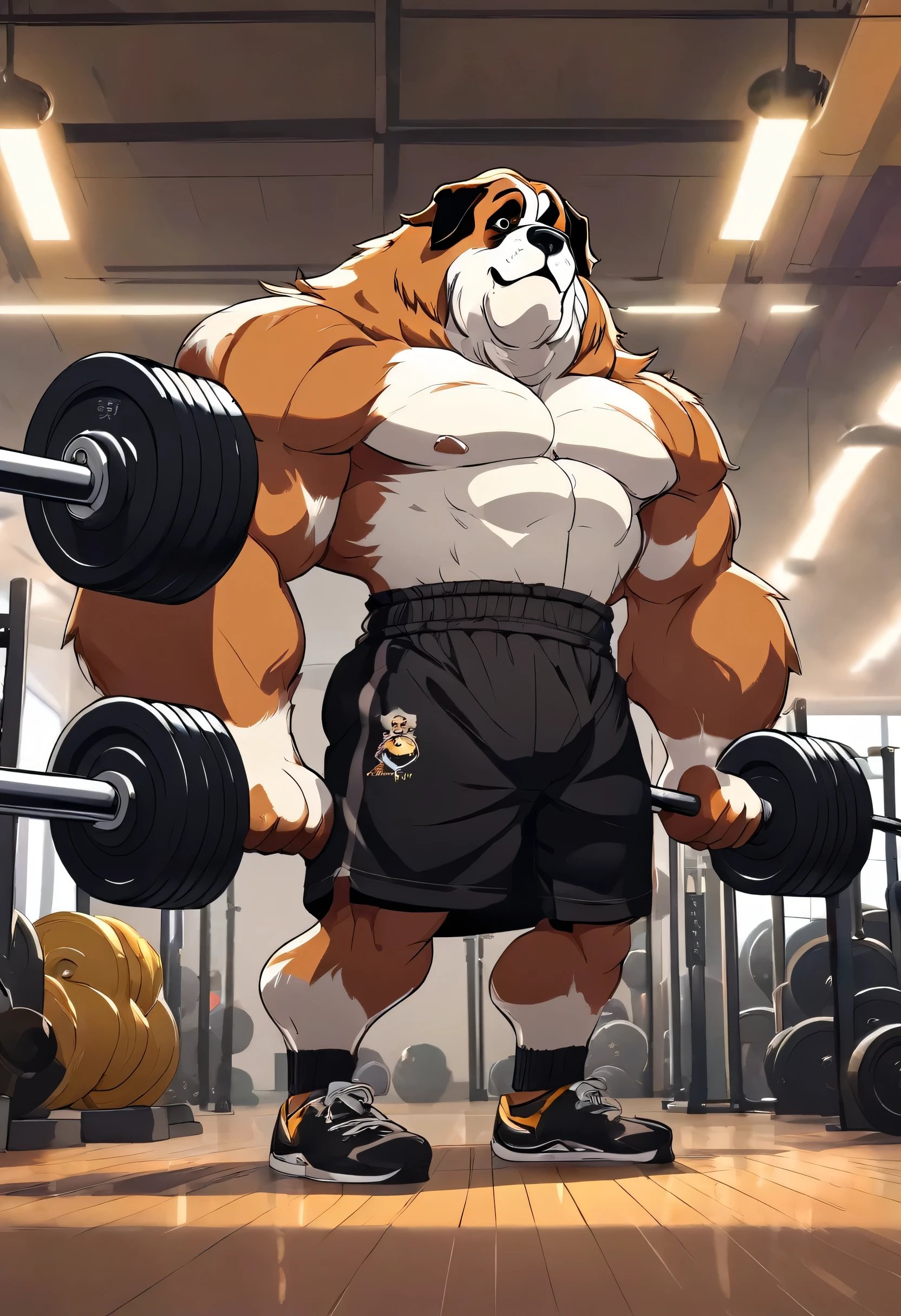 A solo kemono shirtless muscular furry Saint Bernard dog male with huge buff muscles wearing black gym shorts, black wristbands and black gym shoes, doing 300lbs of biceps curls barbells at the gym intensely, working out, lifting weights, weight plates