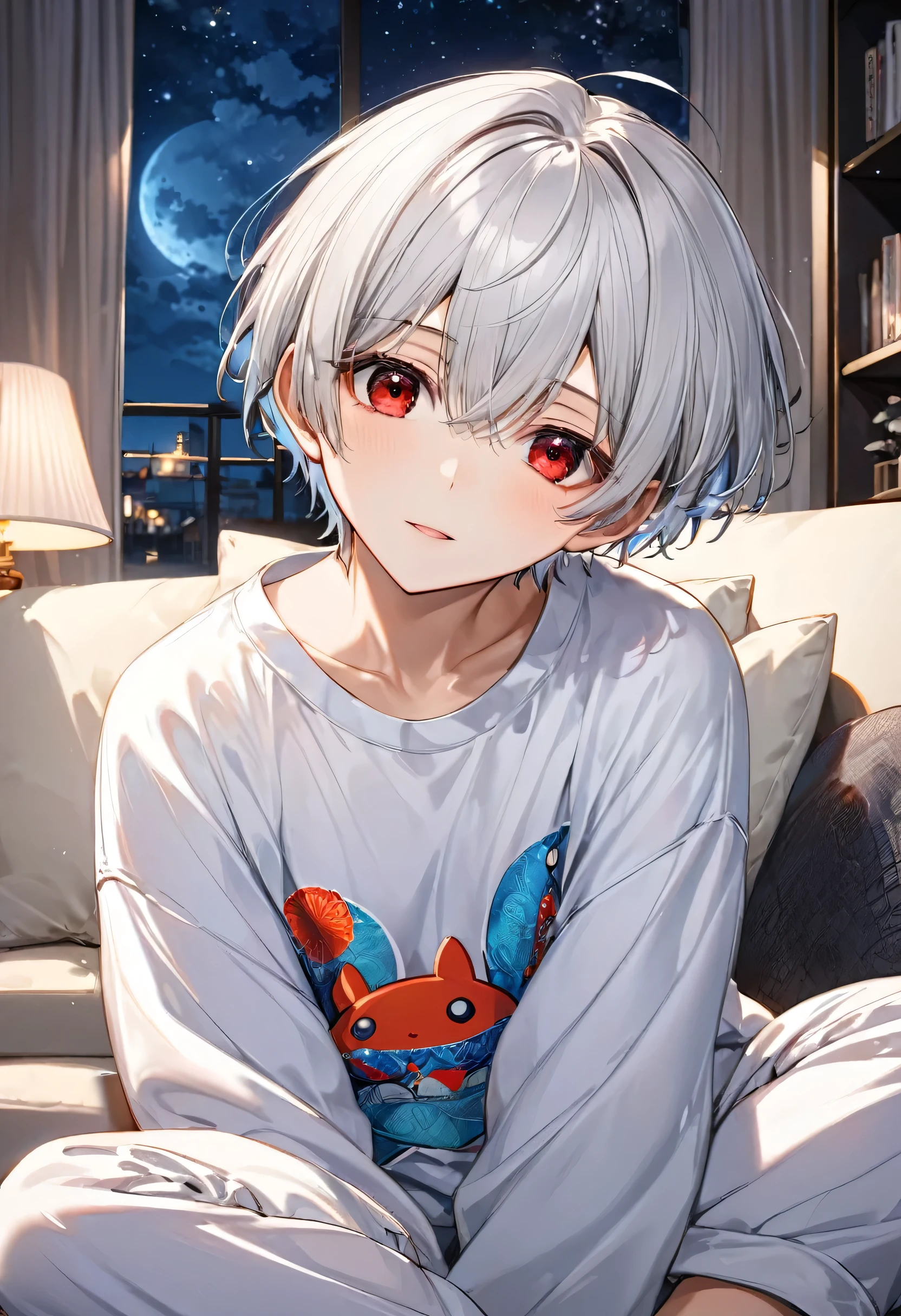 ((relax style)) (in a simple pajamas) ( yo, solo crew cut silver hair very short hair divine boy, flat chest, serious red eyes), (in the living room, background is beautiful night), BREAK, perfect anatomy, masterpiece, best quality, 16k, beautiful detailed grow, daydreaming expression.