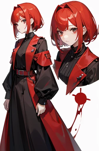 ((Red-haired girl in a dress wrapped in chains)), ((wearing a noble robe)), ((Bobcut)), ((full body black and red longcoat)), Anime full body illustration ,((White background)) ,One person