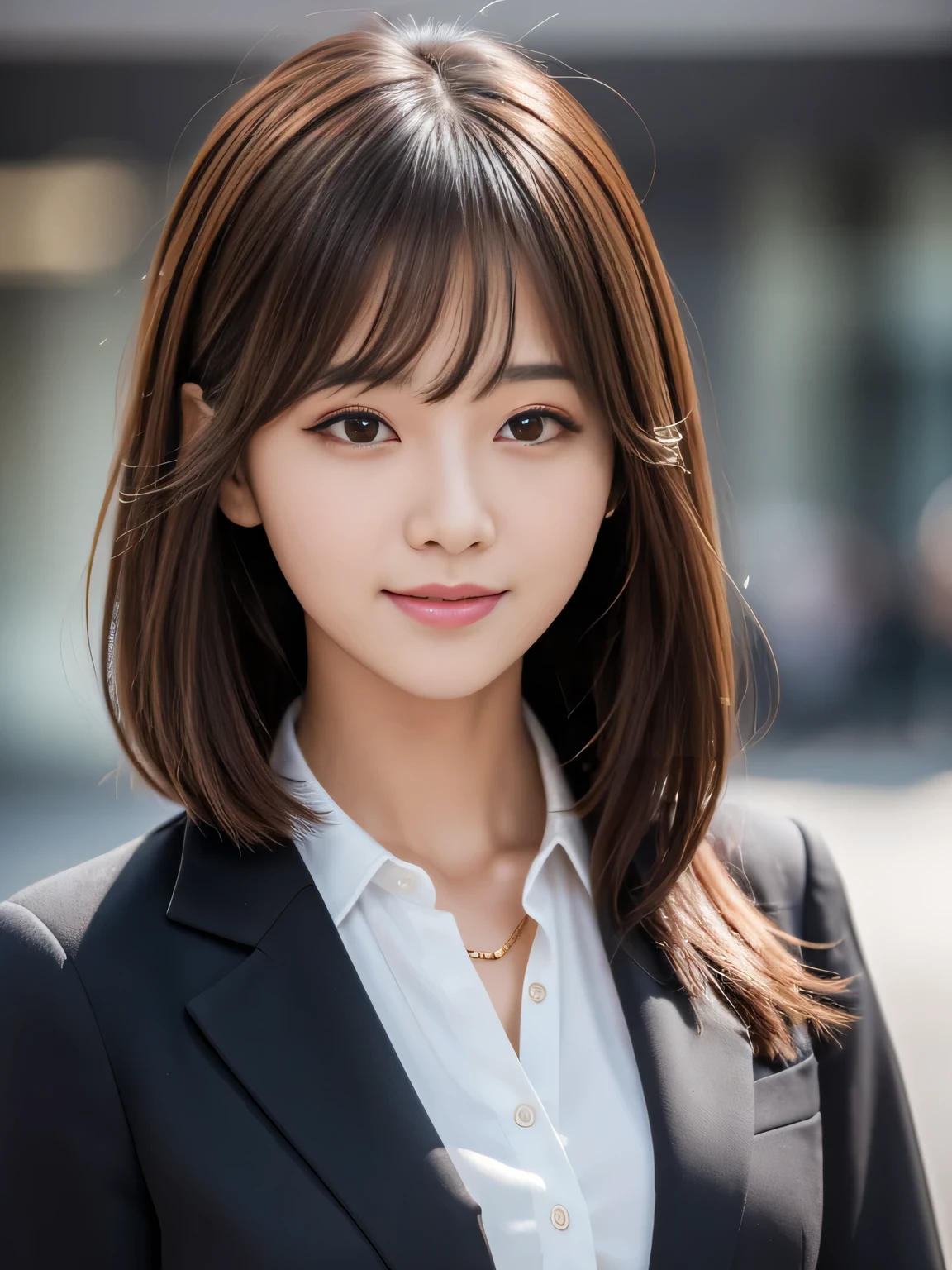 Ultra High Definition, Superior Quality, Premier Quality, ultra detailed, Photorealistic, 8k, RAW Photos, highest quality, masterpiece, Attractive girl, Stunning girl, Impish Smile, Brown Hair, Shoulder Length Layered, asymmetrical bangs, K-pop Idol, Sophisticated girl, black office lady suit,