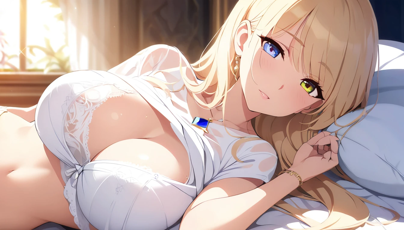 16k ultra-fine CG wallpaper, masterpiece, Excellent image quality, Ultra-delicate), (Excellent lighting, Delicate and beautiful), Really smooth skin, Bright face, 18K close-up perfect display, Change, Lovely, Girl wearing delicate hollow shirt and underwear, Lying on the big white bed, Colorful jewel-like eyes.Posture,Large Breasts,Golden ratio figure,Perfect body, Ancient mysterious figure, mystical atlantean valkyrie, Mysterious Valkyrie,