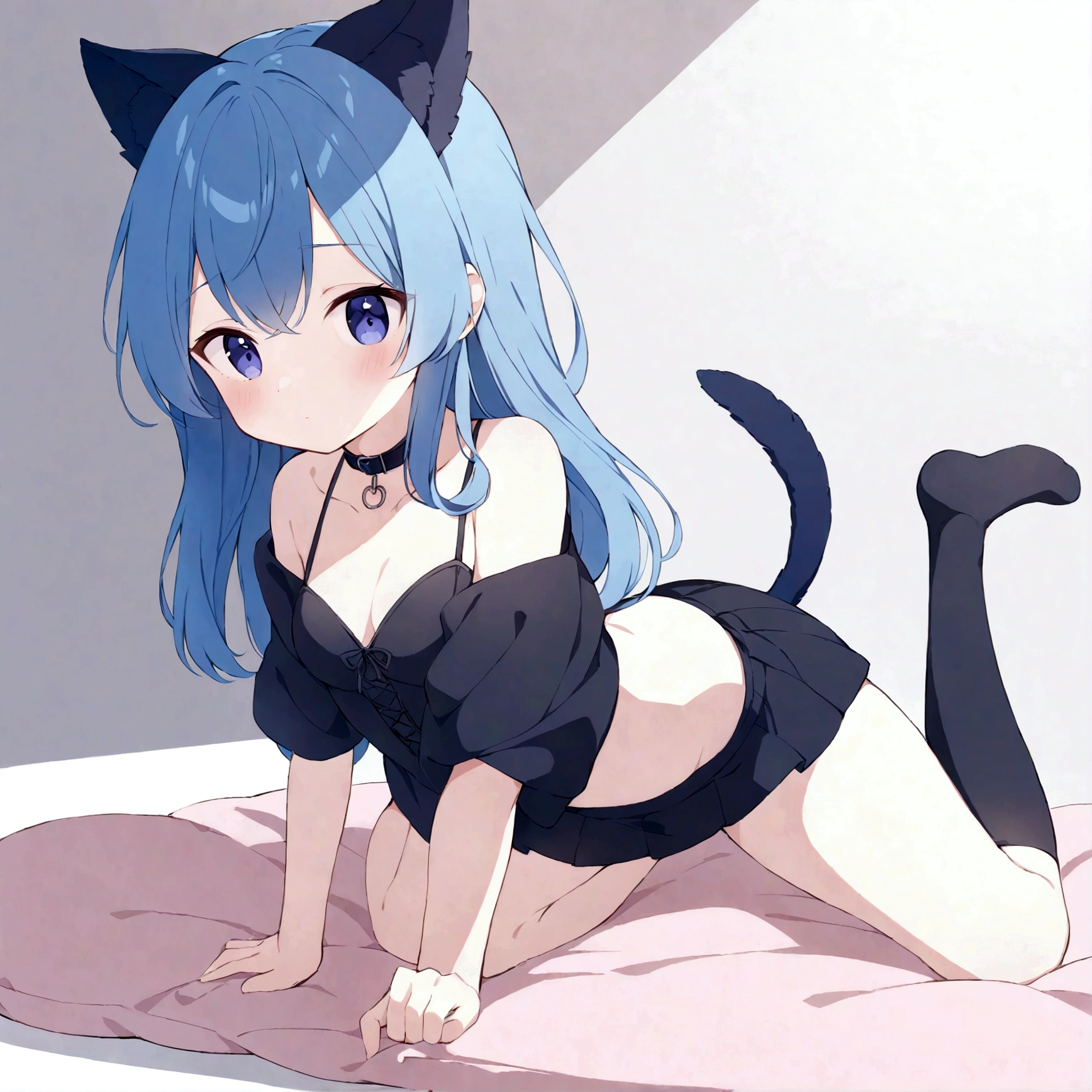 a sexy female with long blue hair, has fuzzy floppy puppy ears, has a puppy tail, wearing a black corset, wearing a black mini skirt, has a dark blue dog collar on, wearing cute thigh high socks, relaxing on knees, solo, alone, (SOLO)ALONE), no dogs, single girl, on knees, on a dog bed