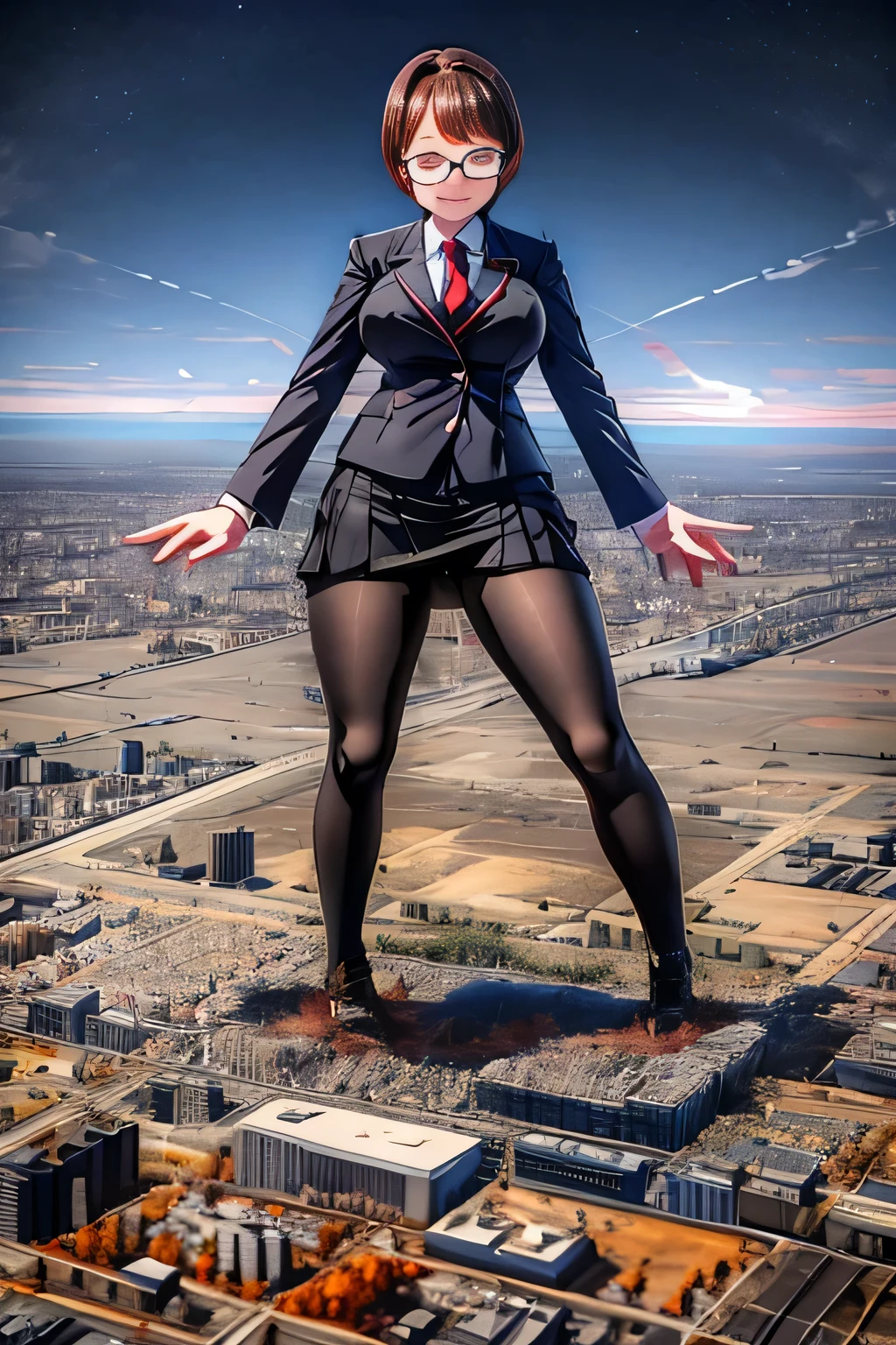 giantess art, highly detailed giantess shots, giantess, Two legs, Five fingers, short hair, A gigantic high school girl who is taller than a skyscraper, Wearing rimless glasses, smile, Big Breasts, Navy blazer, Red tie, mini skirt, Black Pantyhose, black pantyhose, no shoes on, toes visible through pantyhose, Steam coming out from the soles of my feet, Destroying cities, A very small big city, Miniature metropolis, Full body description, GTS, giga giantess, stomping city, crash city, tiny city, micro city, pantyhose feet, High resolution, highest quality, masterpiece, Urinating, Urine-stained city, peeing self
