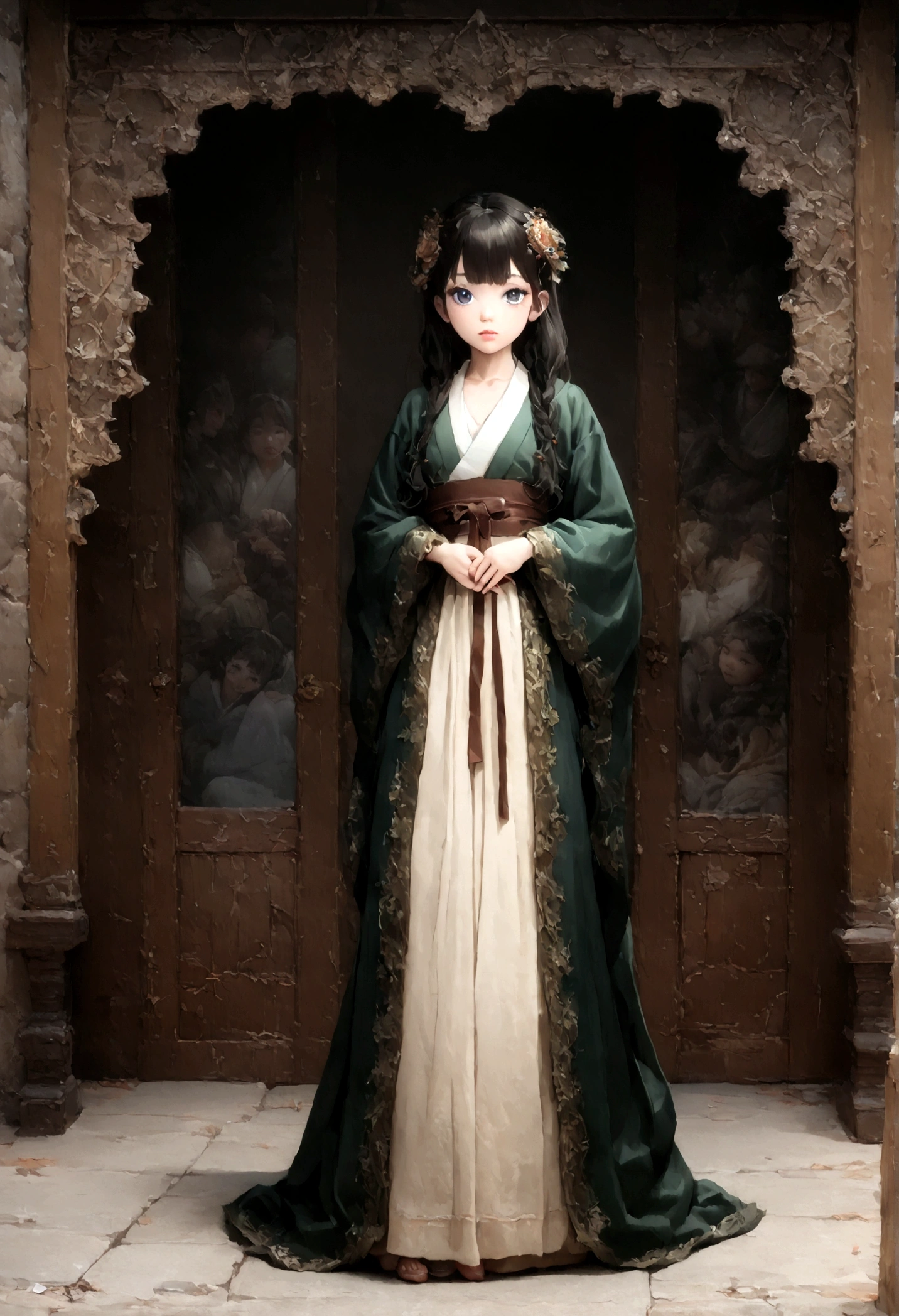 ulzzang-6500-v1.1, (raw photo: 1.2), (photorealistic: 1.4)) best quality, beautiful, beautiful, beautiful, extremely detailed, CG, unity,8k amazing wallpaper, beautiful detail, masterpiece, best quality, official art, very detailed CG unity 8k wallpaper, ridiculous, unbelievably ridiculous, huge file size, super detailed, high resolution, very detailed, beautiful detailed girl, very detailed eyes and face, beautiful detailed eyes, movie lighting, 1 girl, perspective, looking at the audience, full body, full body photo, outdoors, hands behind your back, (Hanfu)