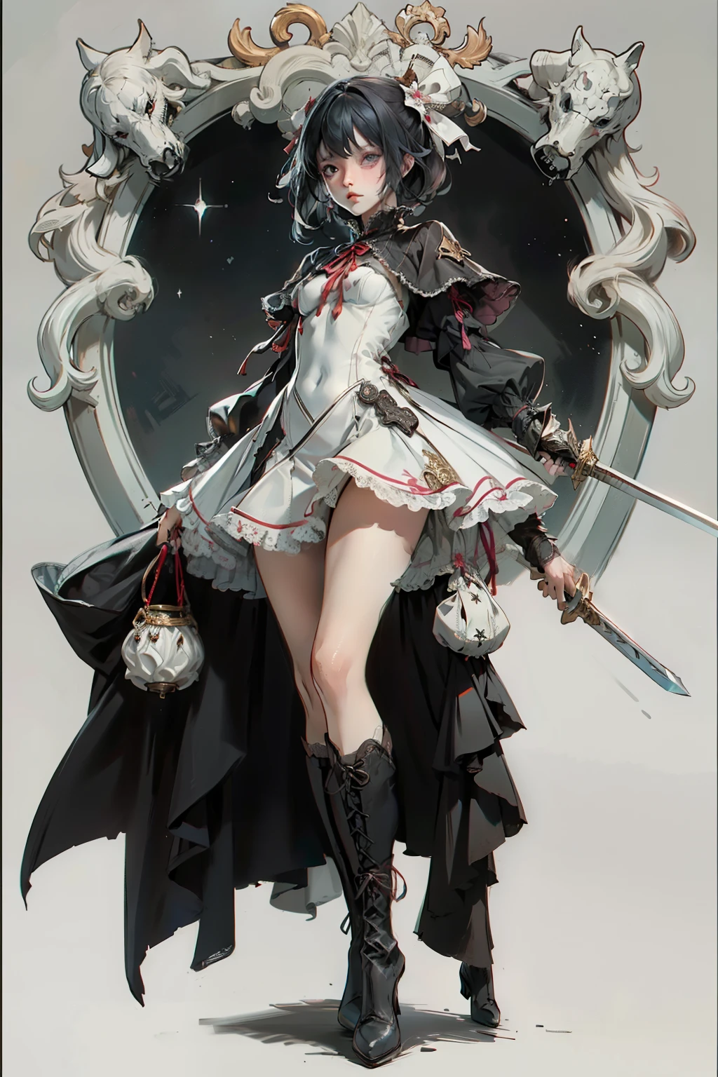 ((best quality)), ((masterpiece)), (detailed), blank white background, plain background, white background, red and white clothing, Bloodborne inspired, occult aesthetic, occult, detailed and intricate steampunk and detailed gothic, NSFW, Very dramatic and cinematic lighting, cosmic horror, grim-dark, side-lighting, perfect face, NSFW, Fluttering lace flared long knee length dress with frilly petticoats, knee length dress, pleated petticoats, ta dress, petticoats gothic lolicomplex lace boots, side-lighting, gothic lolita aetic, wielding a mighty sword, carbine, NSFW, beautiful small breasts, small breasts, full body, whole body, body, plain background, white background, blank background, no background, white background NSFW, full body, whole body, head-to-toe NSFW