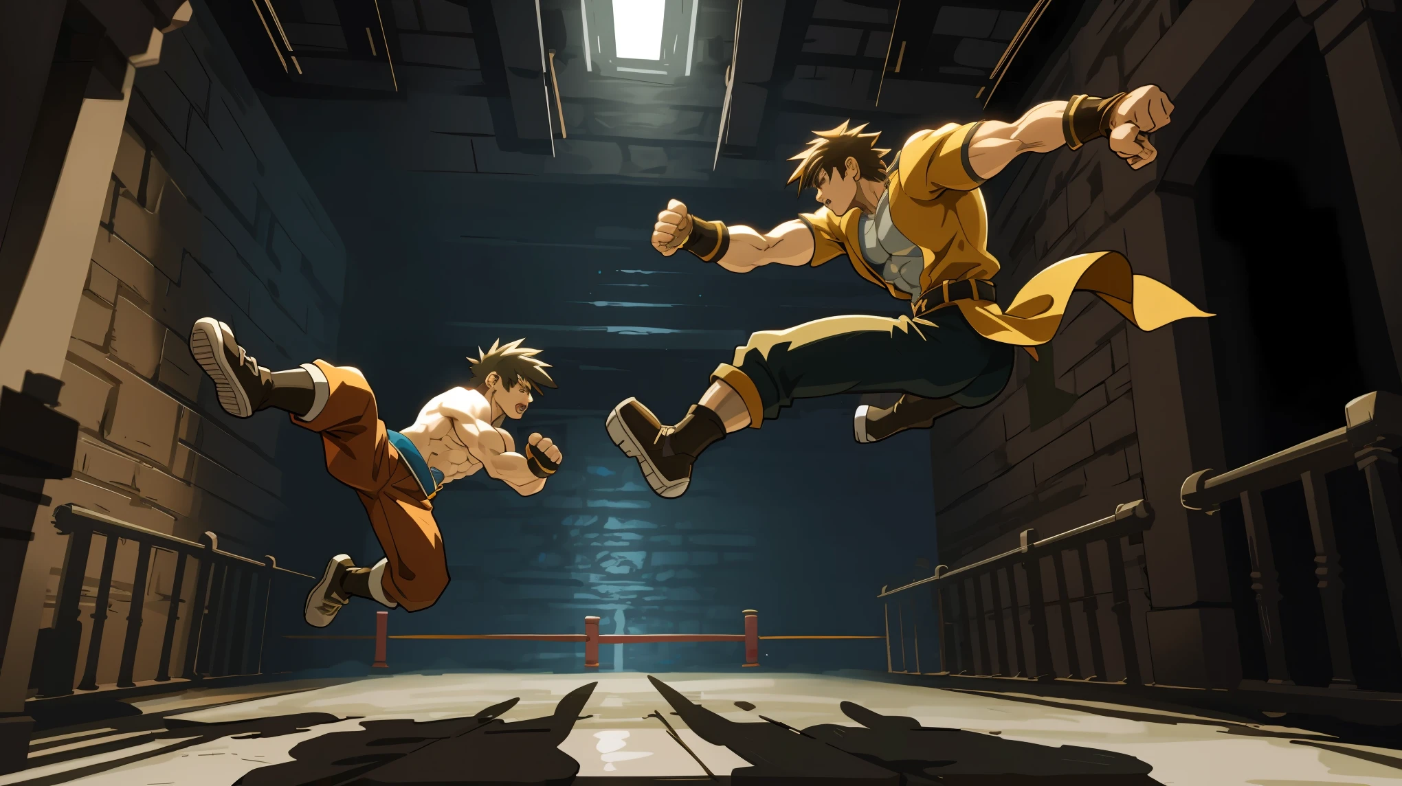 highres, absurdres, perfect anatomy(super handsome 2boys, pair)detailed background, User Interface of Fighting game, 3d, dungeon, jumping, punch, kick, full body, sound effects, motion blur, “VS”