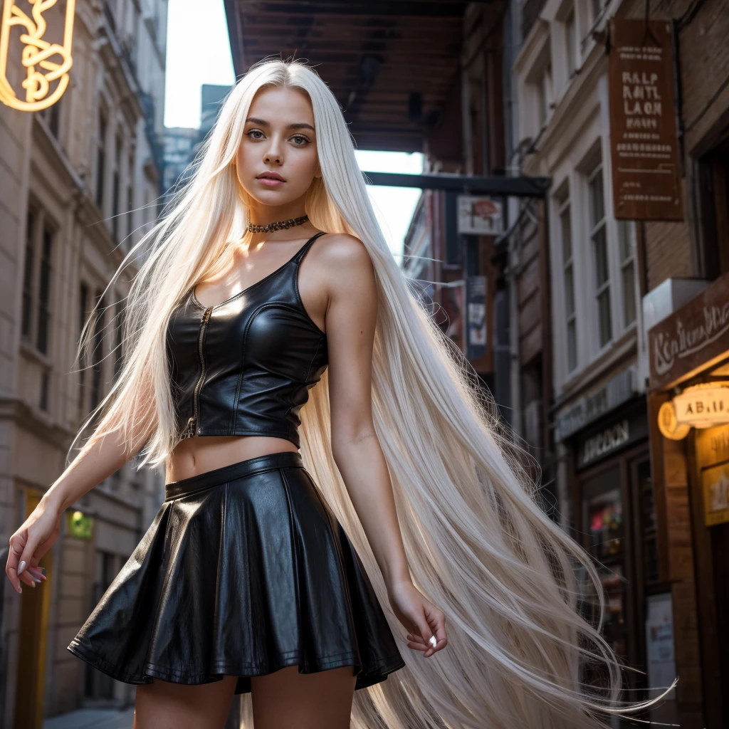 portrait, young real beautiful girl with long white hair,luminous threads are woven into her hair,her leather skirt shines neon,she's like a fairy , enchantress,she is standing on the marble stairs,magical rose flowers are planted along the edges of the stairs,the staircase is illuminated with lanterns,atmospheric lighting is in the air,The sun is shining brightly,sky is blue,high 32k.Quality 8k,High texture detail,in good focus,