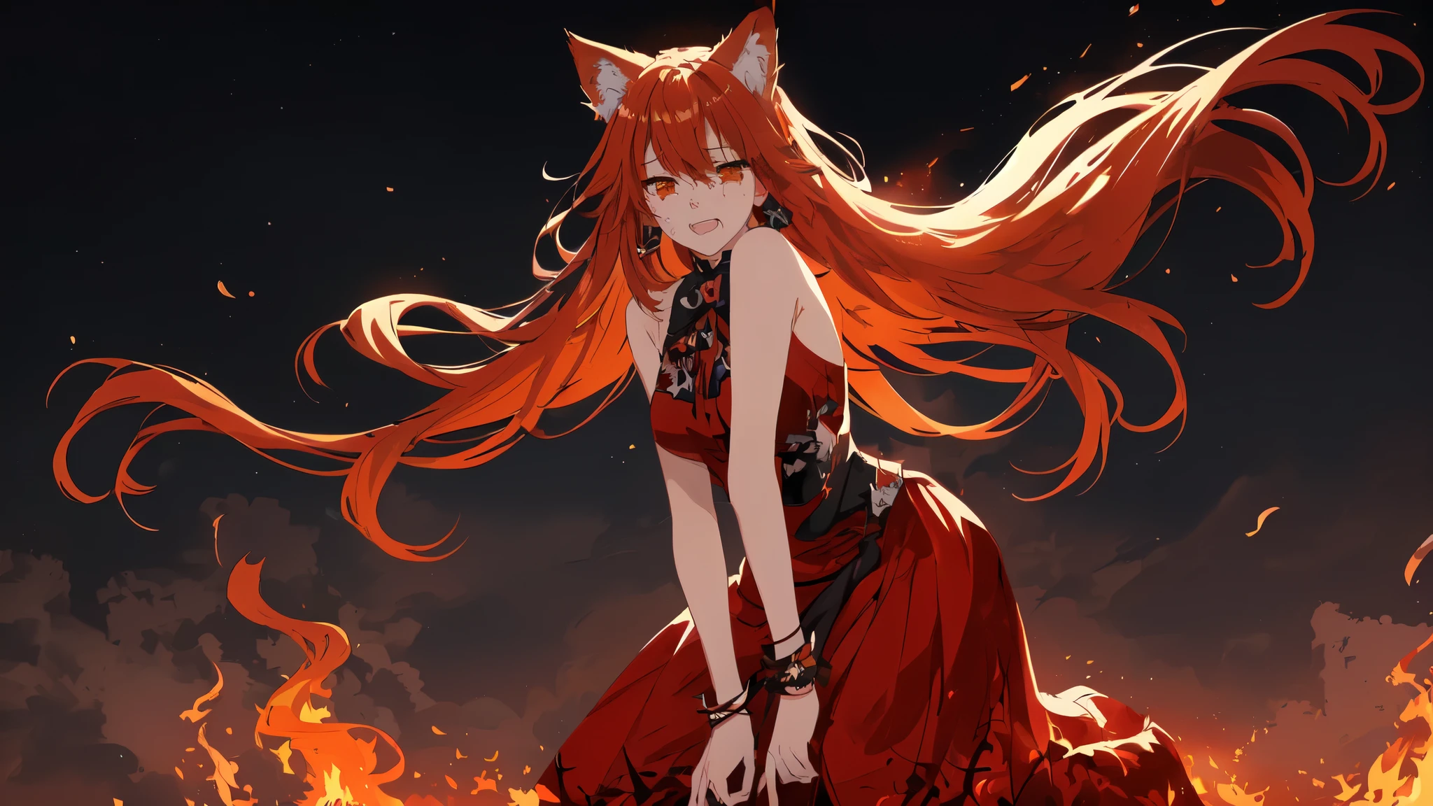 anime girl in red dress with long hair standing in front of fire, trending on artstation pixiv, Holo - wolf girl, Cool anime 8K, now, if the girl is a wolf, anime style 4k, beautiful fox lady, flames surround her, beautiful anime cat girl, fox and bush, fire!! whole body, from arknights, The girl is crying, girl in despair