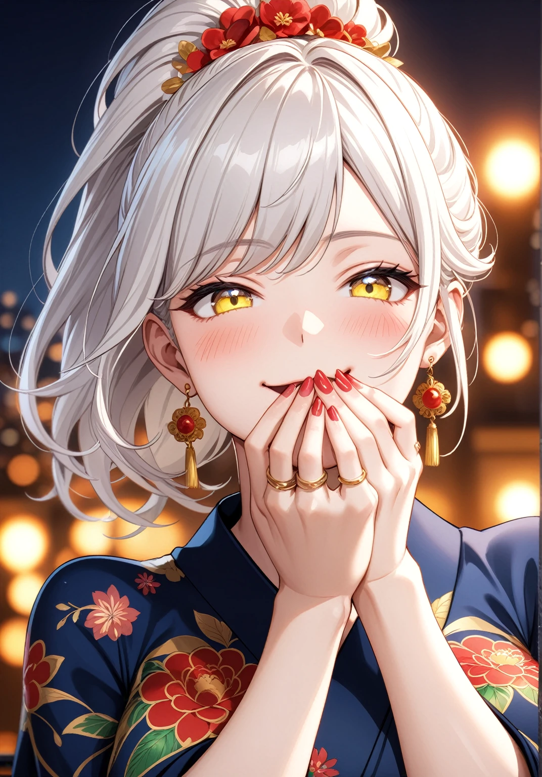 ((one personの女性)), Beautiful Face,Laughing embarrassedly,((Wink:2.0)),Laughing with your mouth open,((Bright red cheeks:1.3)),Glossy pink lips,night,rooftop,firework,((Anime style background)),masterpiece, highest quality, so beautiful, Latest, Complex details, (Pink long nails),(ring),AI-generated, Complex,High resolution, highest quality, super high quality,3D Images、View your viewers、3D Images,one person,Long white hair,High Ponytail,blue eyes,Anime woman posing for a photo, ((Fine grain、Colorful eyes in blue and yellow、Shining Eyes:1.3)),(Squint your eyes:1.1),a hyperRealistic , hyperRealistic , Realistic,Anime woman with long and white hair, Smooth anime CG art, A woman in a colorful kimono with gold embroidery, (Black kimono),Red floral pattern,Long flower hair ornament,Big earrings,Mature Body,(Big Breasts:1.1),Tall,Big Ass,Fine details,Narrow waist,(Face close-up:1.5),(Hide your mouth with both hands)