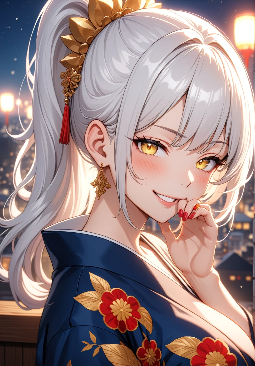 ((One personの女性)), Beautiful Face, (Laughing embarrassedly), (smirk), ((Wink:1.8)), Laugh with your mouth wide open,((Bright red cheeks:1.4)),Shiny red lips,night,横浜のnight景,You can see the ocean, firework,,Glossy pink lips,Facial lighting,((Anime style background)),masterpiece, Highest quality, so beautiful,up to date, Complex details, (Pink long nails), (ring),(bracelet),(choker),AI-generated, Complex,High resolution, Highest quality, super high quality,3D Images、3D Images,One person,Long white hair,High Ponytail,(blue eyes),Anime woman posing for a photo, ((Fine grain、Silvery white colorful eyes、Shining Eyes:1.3)),(Squint your eyes:1.1),a hyperRealistic , hyperRealistic , Realistic,Anime woman with long white hair, Smooth anime CG art, A woman in a colorful kimono with gold embroidery, (Black long sleeve kimono),Red floral pattern,Long flower hair ornament,Earrings,Mature Body,(Big Breasts:1.1),Tall,Abdominal muscles,Narrow waist,(Zoom up to face:1.5), ((front view)),