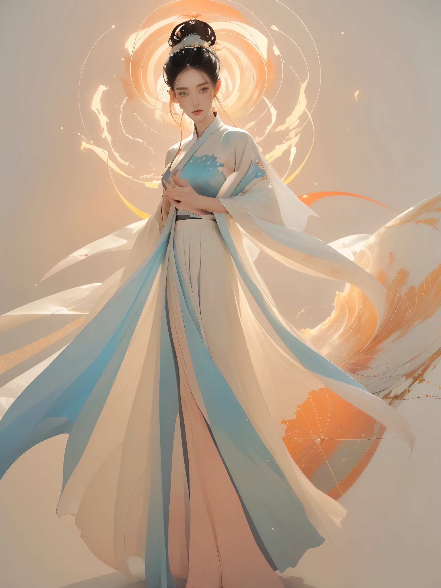 (1 Girl:1.4),Solitary, Gorgeous， Extremely detailed,(Joshua Middleton Comic Cover Art:1.1), (Action painting:1.2),(Concretism:1.2),(Hyperpolarization:1.5),rich and colorful,The most detailed,white gray background, White Hanfu, Pastel colors， (masterpiece, Top quality, best quality, Official Art, beautiful and aesthetic:1.2),