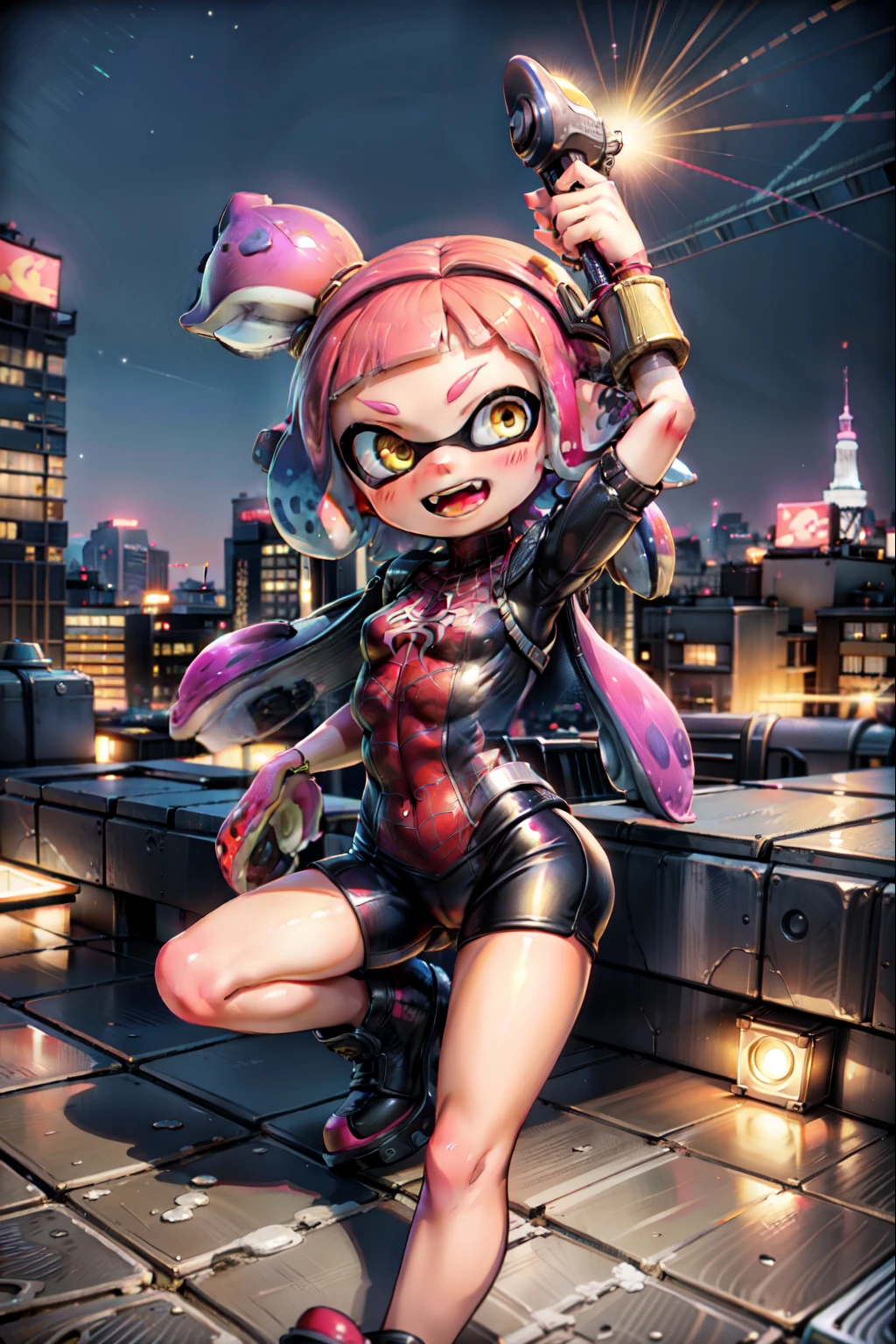 Real Anime、3D、((Splatoon Girl))、Spidermanのコスプレをした, Golden tentacle hair、Golden Eyes、Short hair tentacle hair、 New York skyline background at night, Rooftop shelf, , Spiderman, soldier , (Unmasked), ,(Spidermanスーツ)、Open Mouth Smile、