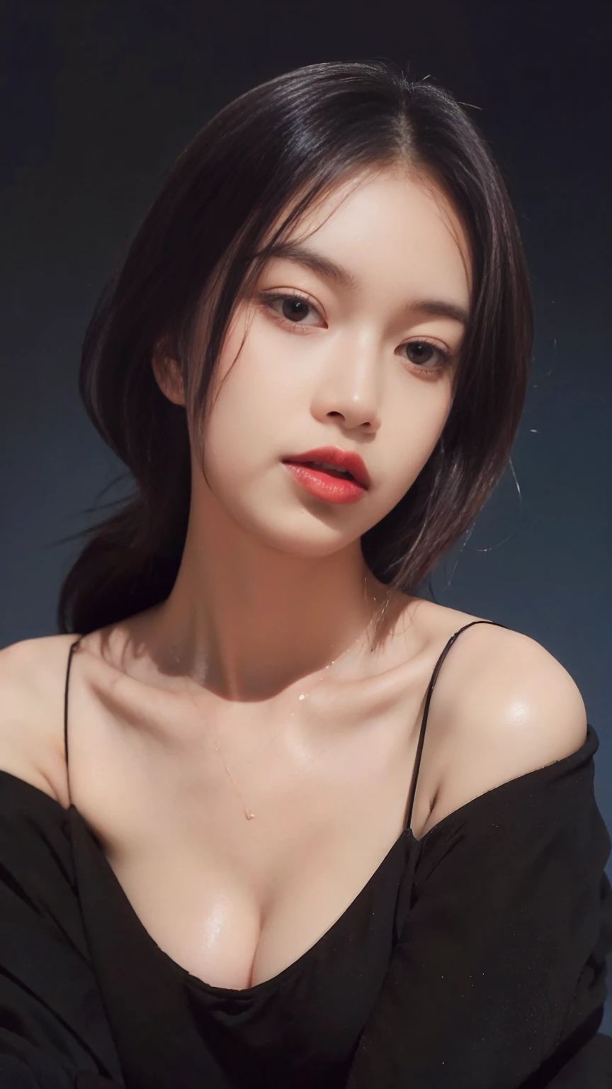 ultra high res,masterpiece,best quality, perfect glossy shiny skins, perfect lighting, detailed lighting, dramatic shadows, ray tracing, 1girl, black sweater, looking at viewer, off shoulder, Big breasts, Exposed cleavage, blue Eyes, sharp face, sharp eyes, long bangs, short cut hair, nsfw, Moles under the eyes, Mole on the mouth, ((Dark background)), oversized hoodie, Wearing a black hoodie, Wearing an ugly black hood, wet (sweaty, soaking wet),
