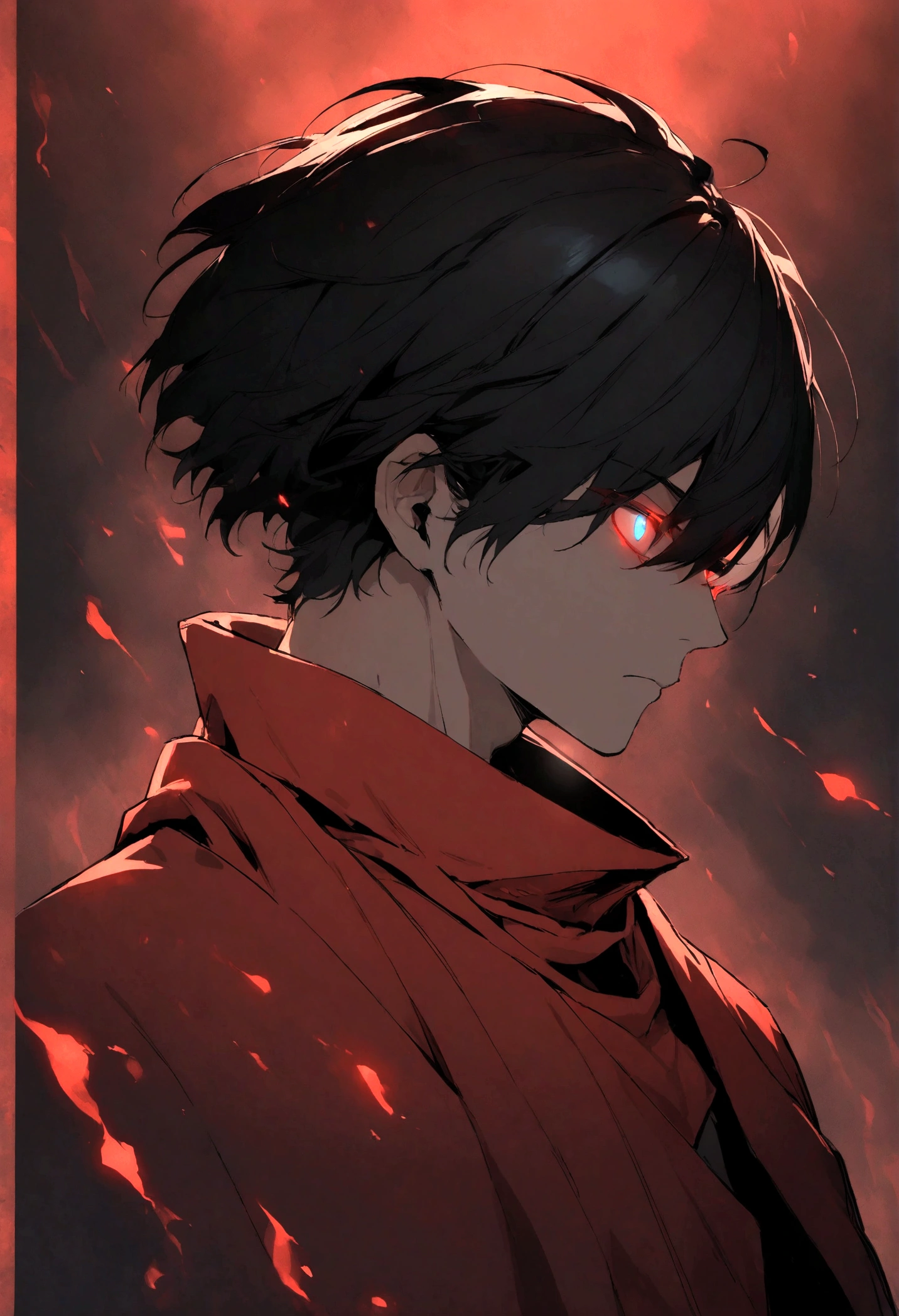 man, red cloak, cool, blue eyes, glowing eyes, black hair, short hair, black aura, red aura