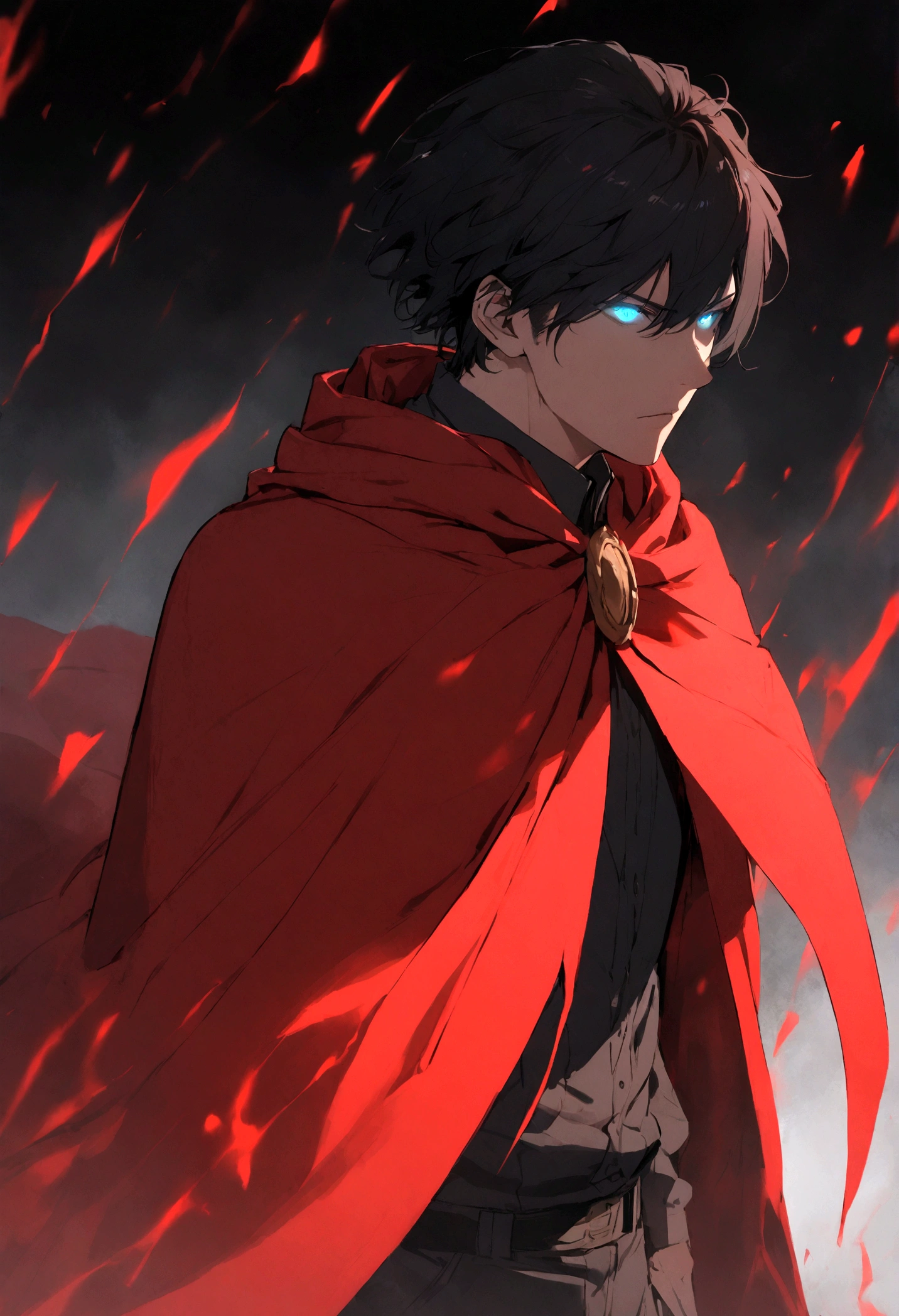 man, red cloak, cool, blue eyes, glowing eyes, black hair, short hair, black aura, red aura