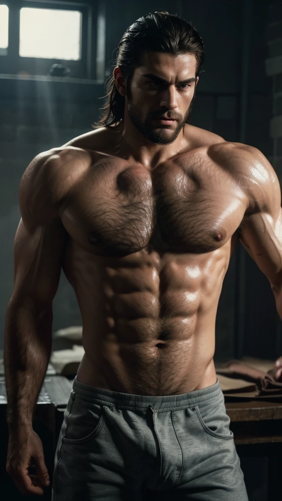muscular hairy man, chiseled abs, tight underwear, photorealistic, highly detailed, 8k, ultra-realistic, dramatic lighting, cinematic composition, intense gaze, masculine features, rugged handsome, muscular arms, veiny hands, sweat glistening on skin, warm color tones, dramatic shadows, cinematic lighting, moody atmosphere, hyper realistic, award winning photography