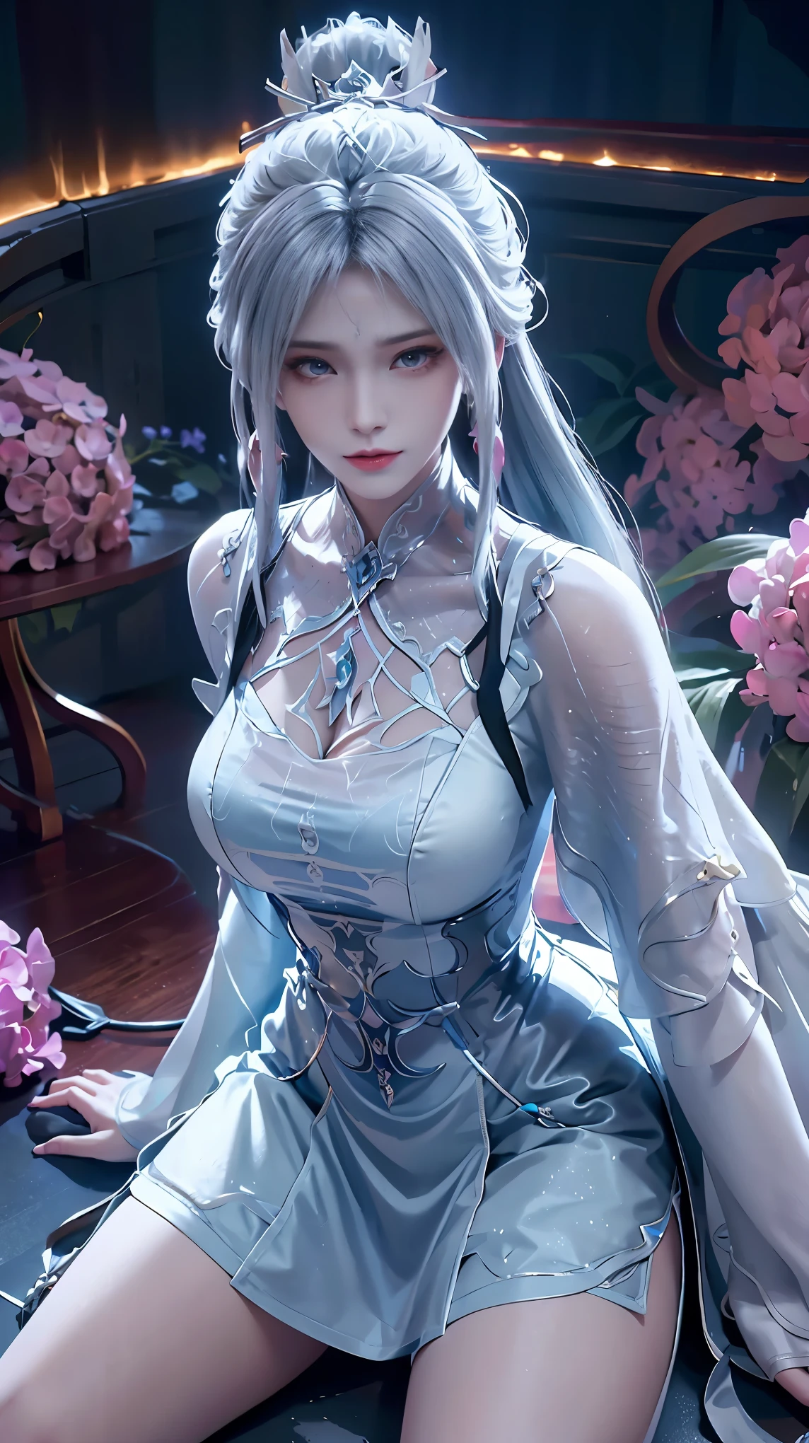 a white hair、Close-up of miss wearing white mask, Beautiful character painting, guweiz, Gurwitz-style artwork, White-haired god, author：Yang Jie, Epic and beautiful character art, Stunning character art, author：Fan Qi, by Wuzhun Shifan, pixiv Art Street Guviz, Single ponytail, insult, High Ponytail, Tall and big, Long legs, (sleeveless lace shirt), (shorts), (Striped )), ((Striped )), Walk, elegant, dignified, miss, Beautiful curves, sweet smile, Strong sense of detail and layering, color丰富绚丽, Has a unique texture, rich and colorful, color, vivid, Design Art, 16K, Super detailed, {{illustration}}, {Extremely refined}, {Exquisite surface treatment}, Super detailed, Delicate and shining eyes, {{Light}}, 极致Light效果, Model: realism, CFG size: 12, Laura: Bright texture (1.35), high quality, masterpiece, Exquisite facial features, Delicate hair depiction, Detailed depiction of the eyes, masterpiece, best quality, Light線追蹤, Extremely detailed CG unified 8k wallpaper, masterpiece, best quality, (1 girl), 完美miss身材, (((Skinny white T-shirt))), beautiful eyes, (Delicate face), short black hair, Tie your hair up, Light blue hairpin, Black silk frame glasses, in class, (White skin), (Optimal Lighting), (Super intricate details), 4k unity, (Super detailed CG), Showing off her white legs, , Hot Pants, shorts,性感Long legs, Thin waist, Sweat runs down my waist, Showing belly, Extremely detailed depiction, Pink Hair, Asymmetrical bangs, Transparent clothes, Hands on thighs, 把目Light移開, 8k resolution, Raise an eyebrow, shiny hair, Flower head, Wristbands, bandage，Leather sexy pose, simple grey background, Climbing towards the viewer, Kitten pose, On all fours,