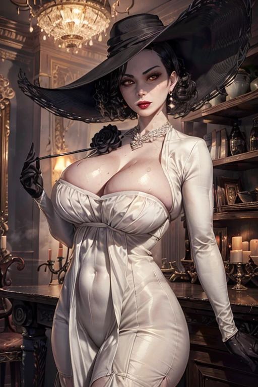 (highest quality,4K,8k,High resolution,masterpiece:1.2),Very detailed,(Realistic,photoRealistic,photo-Realistic:1.37),Beautiful mature woman,1Mom, big vampire mom, Alcina Dimitrescu,Madame Dimitrescu,length, Black hair perm,Healthy Body,
Very detailed armpit,Beautifully detailed sweat glands,Smooth skin texture,Carefully drawn,
(Big black hat,White clothes with cleavage visible,), (humidity:1.2), Beautiful Eyes, (Attractive face:1.2), (Pale skin),(Big Breasts),Sticky with sweat,In a dynamic pose,
Resident Evil World,indoor,In a candle-lit mansion,