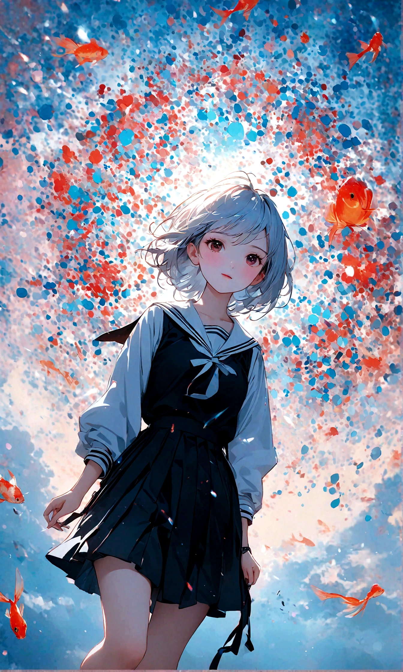 (woman\(student, 15 years old, JK, Silver flowing short hair, Cosmic eyes, Black school uniform, Pale skin, Tired face，Eyes without luster\) look up to the sky), (Many goldfish swimming in the air), Beautiful sky, Beautiful clouds, In summer，Colorful flowers blooming everywhere, (Crystal clear bubbles sparkle in the sky), There is a midday moon and a midday star in the sky, woman is at messy downtown, rest ,quality\(8K,極為細緻的CG單元wallpaper, masterpiece,High resolution,top-quality,top-quality real texture skin,Surrealism,Improve resolution,RAW photos,Best quality,Very detailed,wallpaper,movie lighting,Ray Tracing,Golden Ratio\),(long shot),Wide-angle lens,