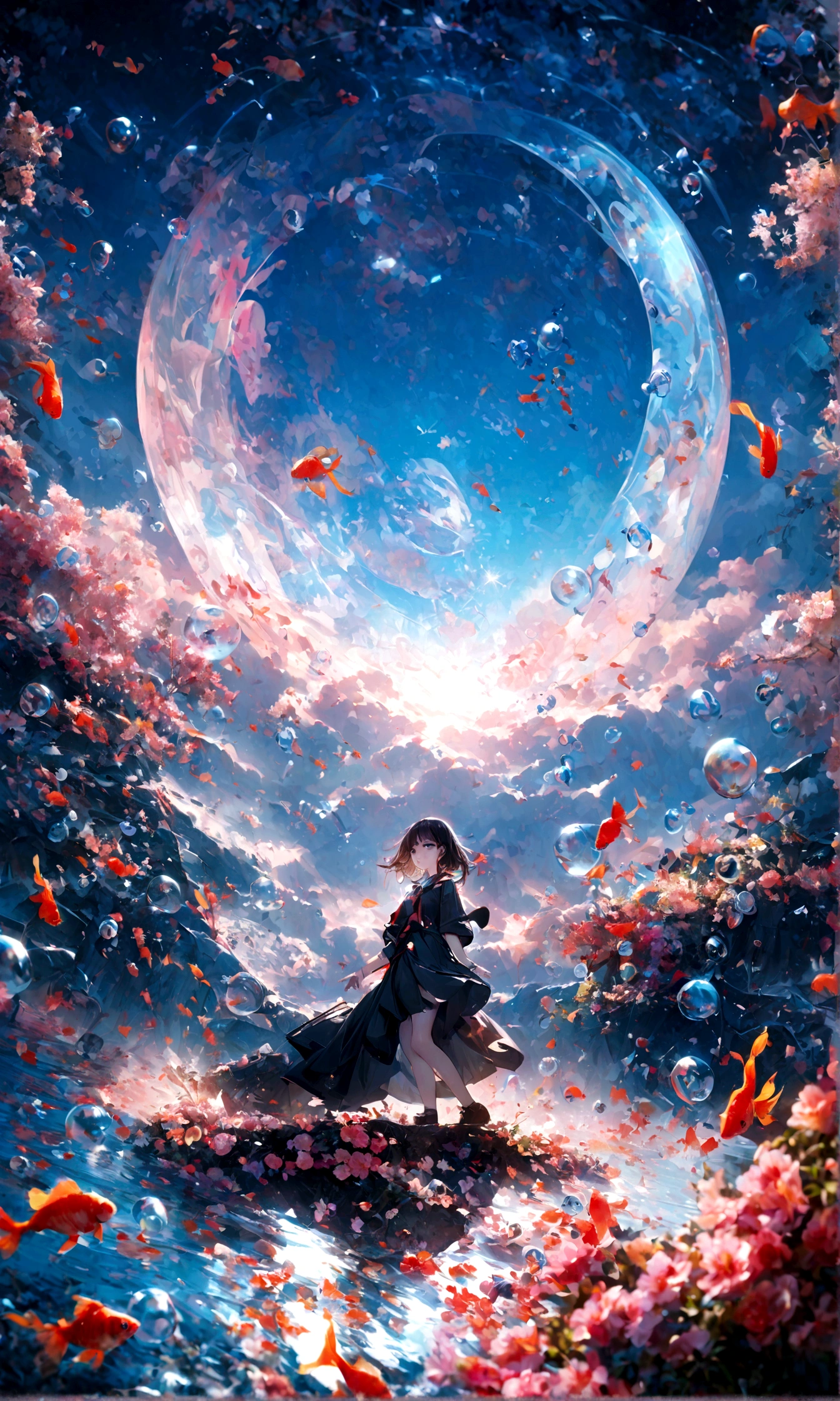 (woman\(student, 15 years old, JK, Silver flowing short hair, Cosmic eyes, Black school uniform, Pale skin, Tired face，Eyes without luster\) look up to the sky), (Many goldfish swimming in the air), Beautiful sky, Beautiful clouds, In summer，Colorful flowers blooming everywhere, (Crystal clear bubbles sparkle in the sky), There is a midday moon and a midday star in the sky, woman is at messy downtown, rest ,quality\(8K,極為細緻的CG單元wallpaper, masterpiece,High resolution,top-quality,top-quality real texture skin,Surrealism,Improve resolution,RAW photos,Best quality,Very detailed,wallpaper,movie lighting,Ray Tracing,Golden Ratio\),(long shot),Wide-angle lens,