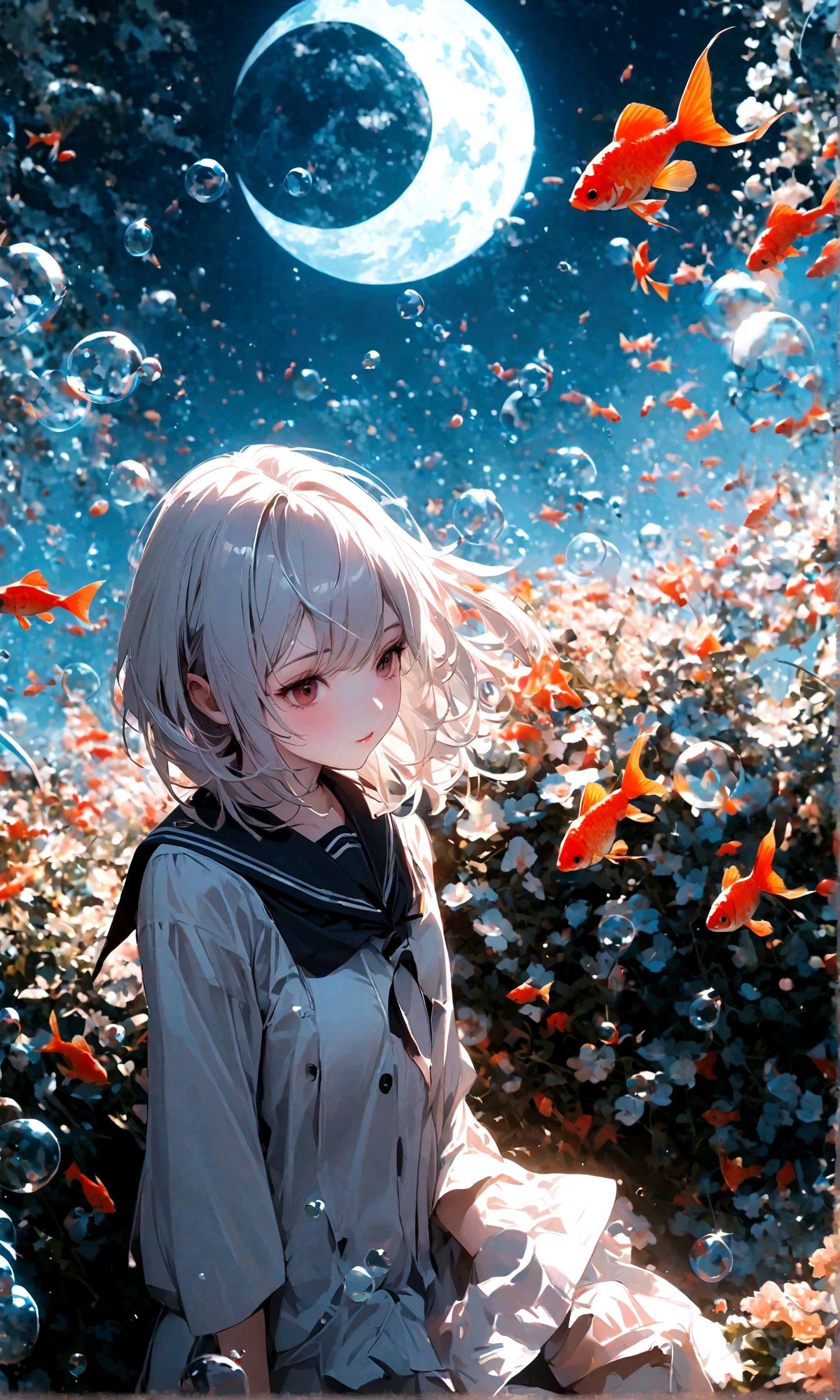 (woman\(student, , JK, Silver flowing short hair, Cosmic eyes, Black school uniform, Pale skin, Tired face,Eyes without luster\) look up to the sky), (Many goldfish swimming in the air), Beautiful sky, Beautiful clouds, In summer,Colorful flowers blooming everywhere, (Crystal clear bubbles sparkle in the sky), There is a midday moon and a midday star in the sky, woman is at messy downtown, rest ,quality\(8K,極為細緻的CG單元wallpaper, masterpiece,High resolution,top-quality,top-quality real texture skin,Surrealism,Improve resolution,RAW photos,Best quality,Very detailed,wallpaper,movie lighting,Ray Tracing,Golden Ratio\),(long shot),Wide-angle lens,