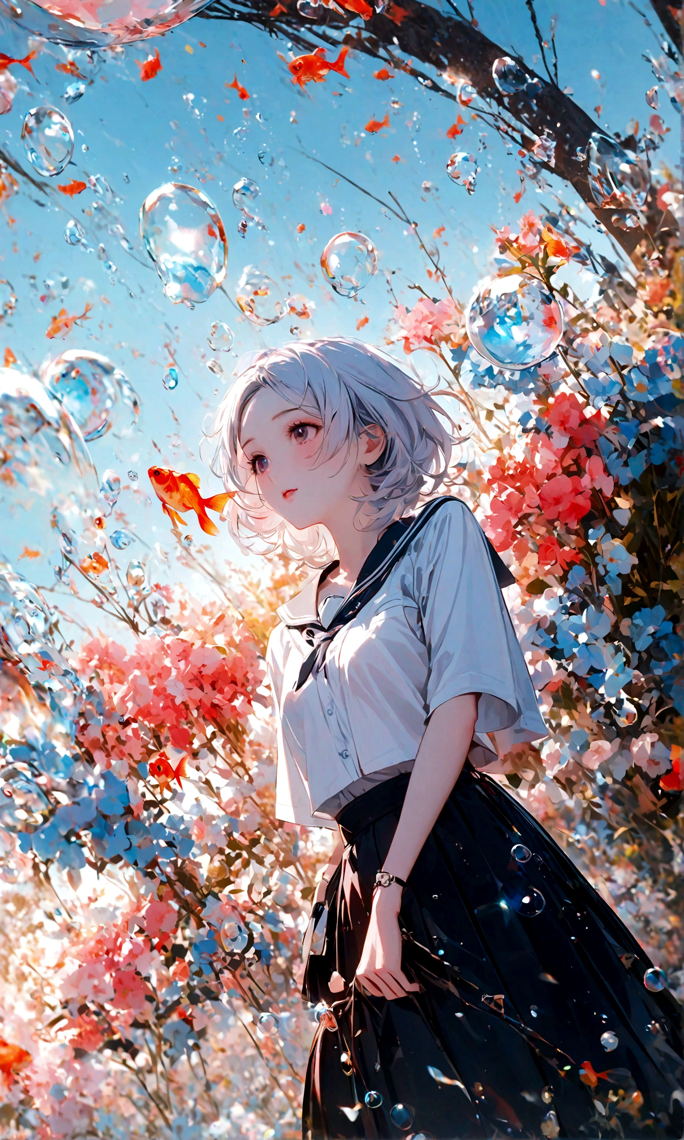 (woman\(student, , JK, Silver flowing short hair, Cosmic eyes, Black school uniform, Pale skin, Tired face,Eyes without luster\) look up to the sky), (Many goldfish swimming in the air), Beautiful sky, Beautiful clouds, In summer,Colorful flowers blooming everywhere, (Crystal clear bubbles sparkle in the sky), There is a midday moon and a midday star in the sky, woman is at messy downtown, rest ,quality\(8K,極為細緻的CG單元wallpaper, masterpiece,High resolution,top-quality,top-quality real texture skin,Surrealism,Improve resolution,RAW photos,Best quality,Very detailed,wallpaper,movie lighting,Ray Tracing,Golden Ratio\),(long shot),Wide-angle lens,
