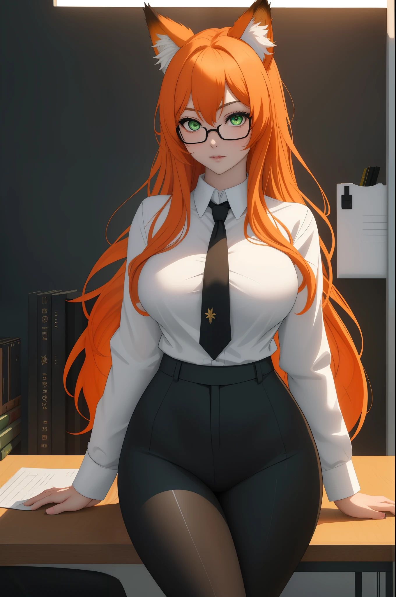(masterpiece, Best quality), 8K, ultra detailed, realistic photo, Detailed face, perfect lighting, green eyes, bright orange hair, bright hair, fox ears, nice legs, side photo, beautiful, Cute, skin pores, 1 girl, perfect shirt, fully dressed, beautiful women 30 years old, Beautiful proportions, Russian woman, Caucasian, European, Business lady, stunningly beautiful woman, mother, thick legs, show ass, big breasts, (Thin white shirt:1.4), thick, hot, (White Office Wear:1.4), tight pants, (wide hips:1.2), thick, (white Office pants:1.3), spread your legs, Legs open, full length, wide hips, Glasses, with long orange hair, standing on the beach near the ocean, green eyes detailed digital anime art, cat ear, anime girl with long hair, гладкое аниме cg art, anime girl with long hair, digital anime art, work in Guweiz style, Beautiful anime portrait, Photorealistic render of an anime girl, pantyhose, Beautiful anime girl, advanced digital anime art, guweiz на artstation pixiv HD UHD HQ