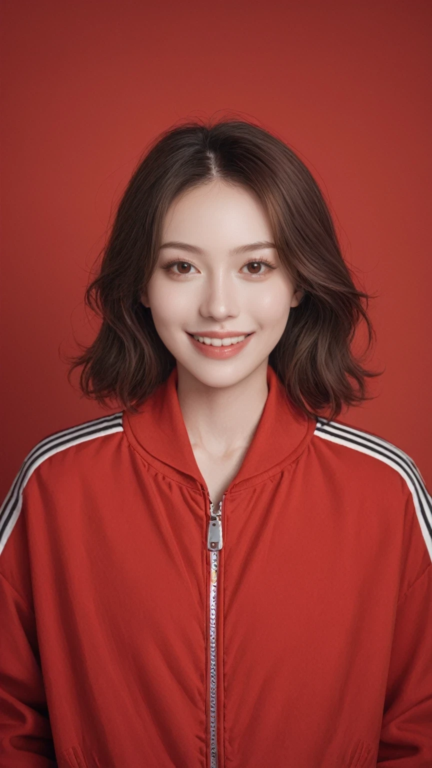 score_9, score_8_up, score_7_up, BREAK,
Hyperrealism,1girl, solo,underwaterbrown hair, brown eyes, parted lips, long sleeves, jacket, simple background, upper body, red background, looking at viewer, teeth, red jacket, lips, cosplay, full body, smile,motorbike