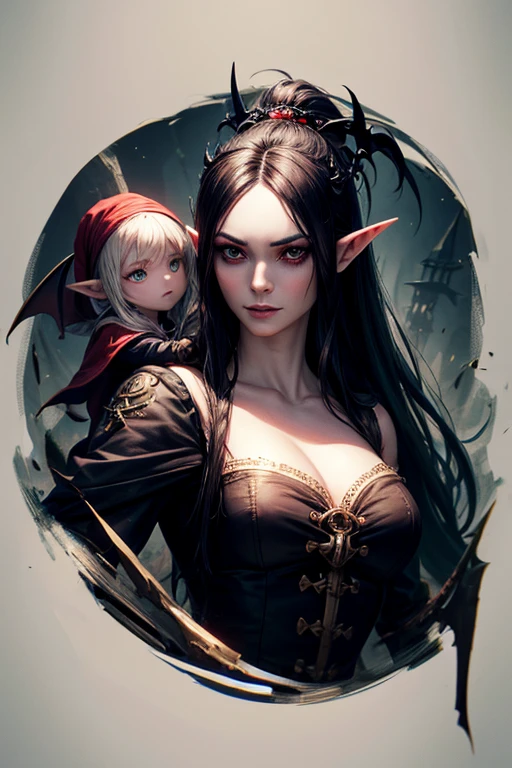 uma Tiefling de cabelo preto longo e cacheado deitada em uma cama, sorrindo, rosto bonito, cabelo preto, arte detalhada, arte fantasia, arte medieval, alto detalhe