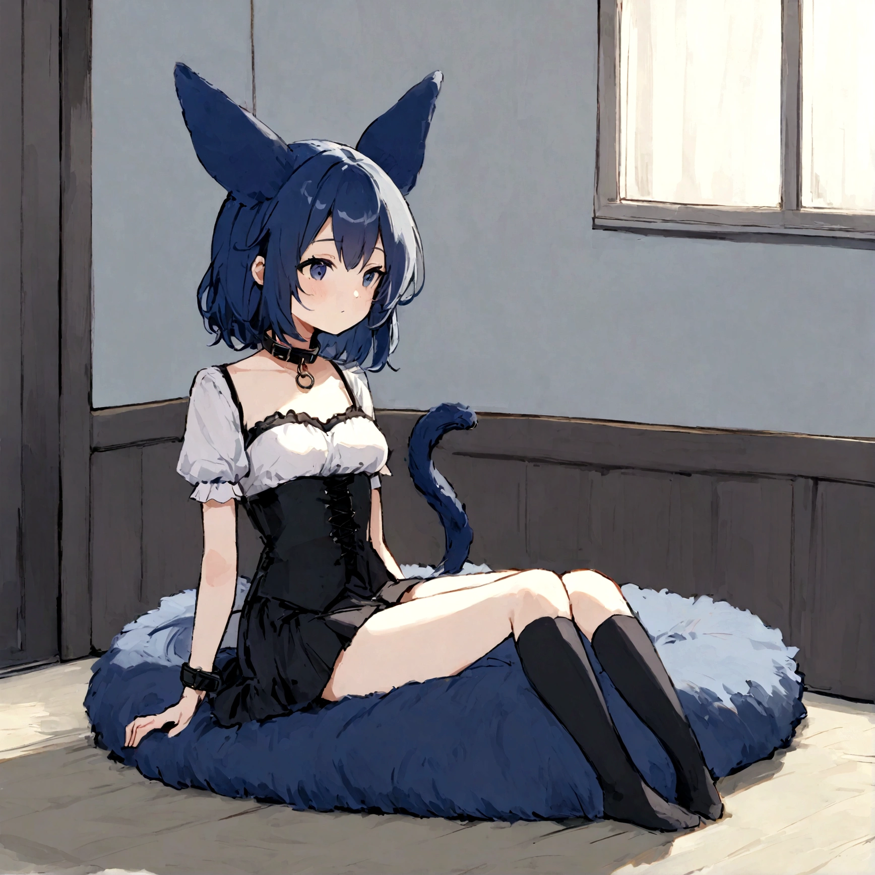 a sexy female with long blue hair, has fuzzy floppy puppy ears, has a puppy tail, wearing a black corset, wearing a black mini skirt, has a dark blue dog collar on, wearing cute thigh high socks, relaxing on knees, solo, alone, (SOLO)ALONE), no dogs, single girl, on knees, on a dog bed