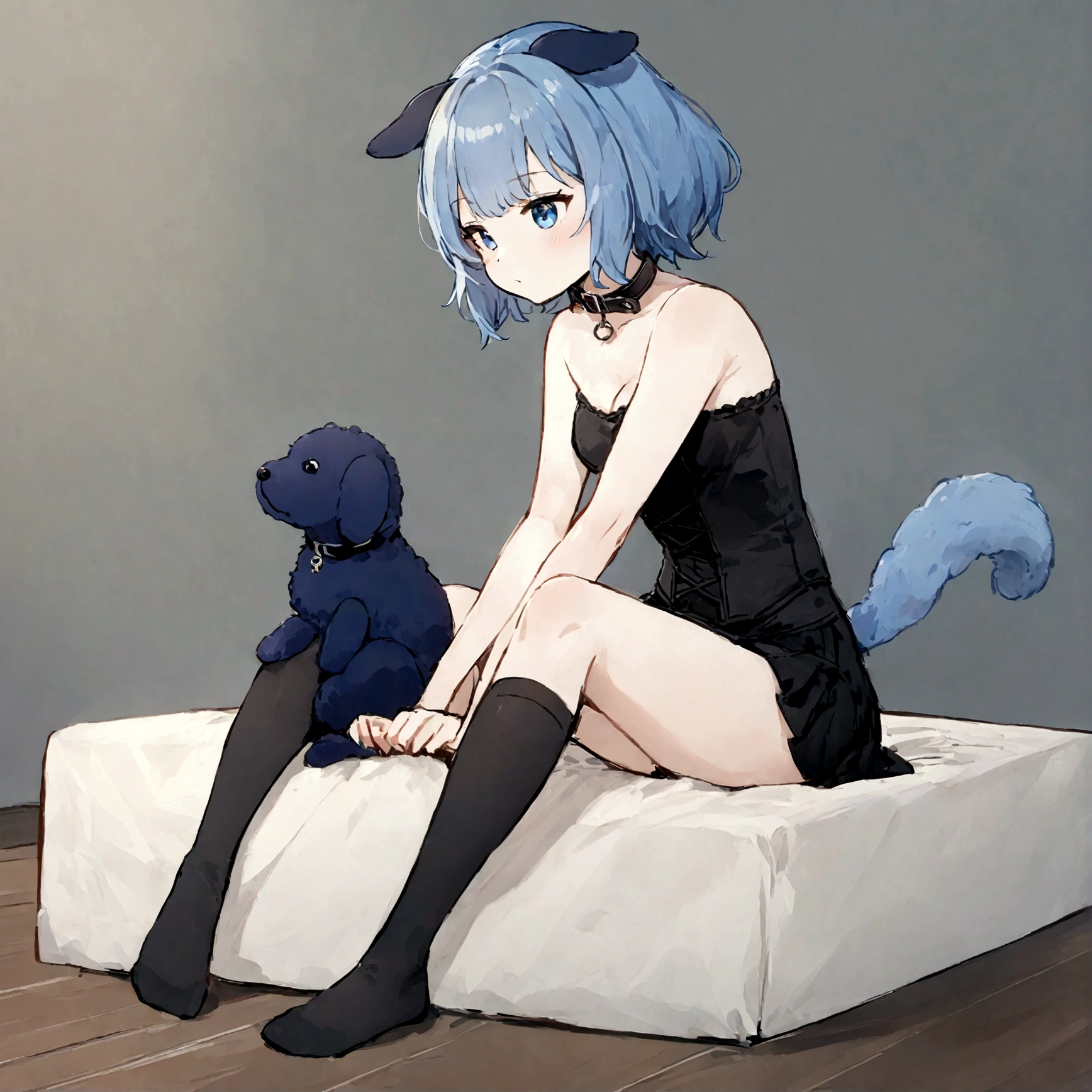 a sexy female with long blue hair, has fuzzy floppy puppy ears, has a puppy tail, wearing a black corset, wearing a black mini skirt, has a dark blue dog collar on, wearing cute thigh high socks, relaxing on knees, solo, alone, (SOLO)ALONE), no dogs, single girl, on knees, on a dog bed
