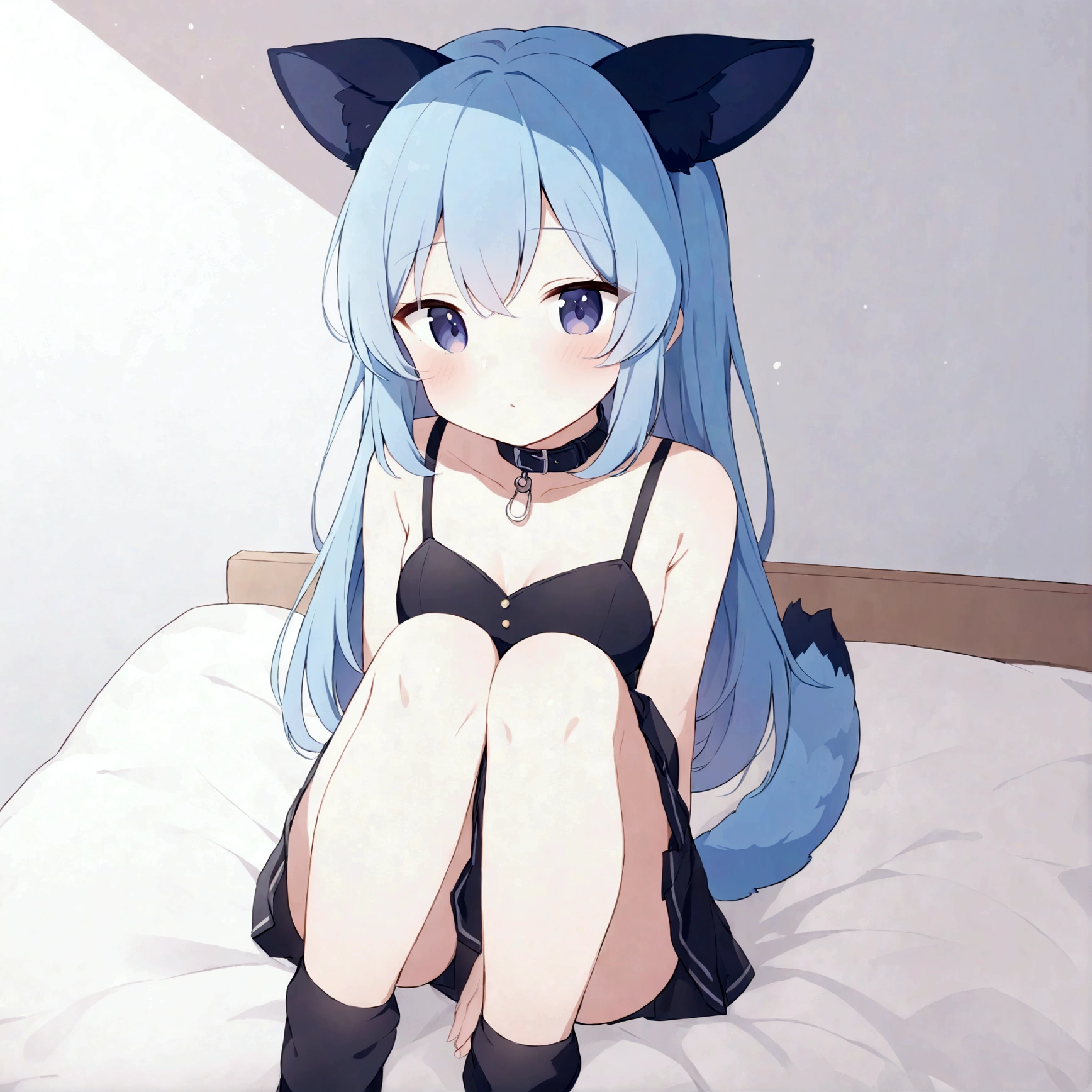 a sexy female with long blue hair, has fuzzy floppy puppy ears, has a puppy tail, wearing a black corset, wearing a black mini skirt, has a dark blue dog collar on, wearing cute thigh high socks, relaxing on knees, solo, alone, (SOLO)ALONE), no dogs, single girl, on knees, on a dog bed