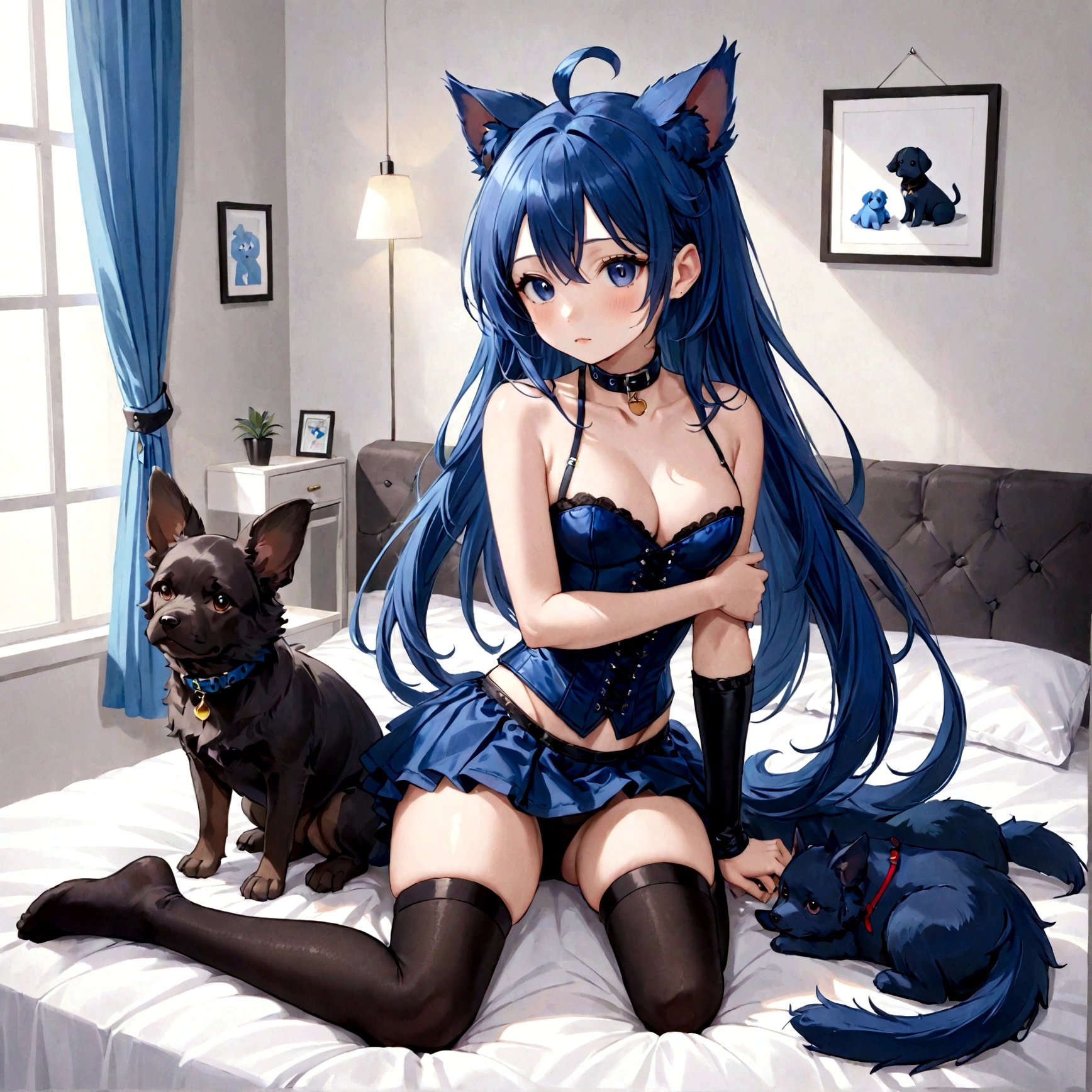 a sexy female with long blue hair, has fuzzy floppy puppy ears, has a puppy tail, wearing a black corset, wearing a black mini skirt, has a dark blue dog collar on, wearing cute thigh high socks, relaxing on knees, solo, alone, (SOLO)ALONE), no dogs, single girl, on knees, on a dog bed