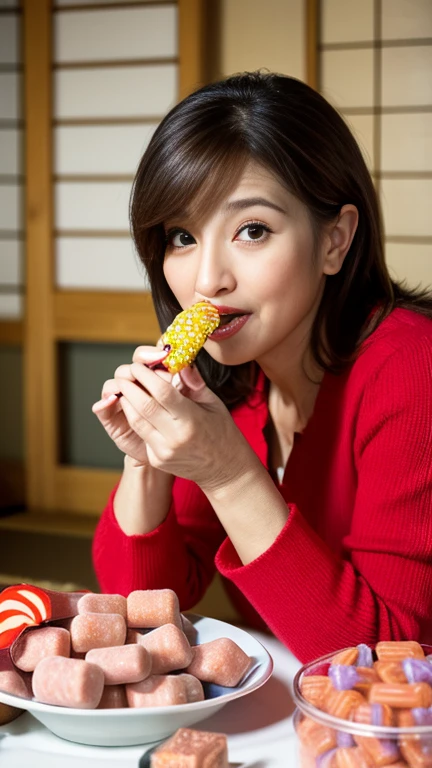 (Japanese　50-year-old woman eating　Penis-like sweets 5:1.5)6Precision in the details,High resolution,Smooth image quality,Clear,Contour,(Raw photo:1.2)、（highest quality:1.5）,（Precision:1.5）,
　(High resolution:1.5),
　（8k),
　(Japanese:1.7),