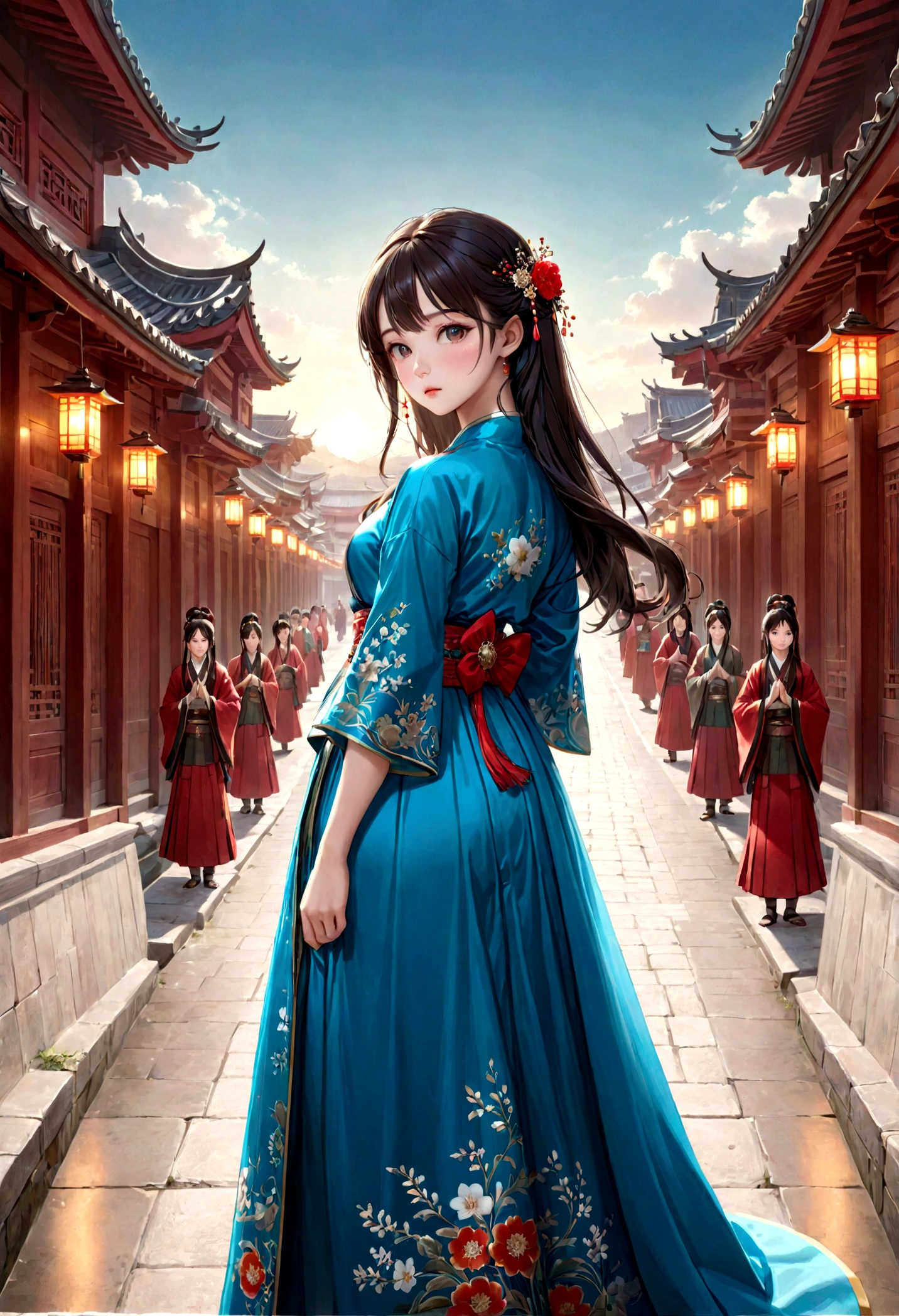 ulzzang-6500-v1.1, (raw photo: 1.2), (photorealistic: 1.4)) best quality, beautiful, beautiful, beautiful, extremely detailed, CG, unity,8k amazing wallpaper, beautiful detail, masterpiece, best quality, official art, very detailed CG unity 8k wallpaper, ridiculous, unbelievably ridiculous, huge file size, super detailed, high resolution, very detailed, beautiful detailed girl, very detailed eyes and face, beautiful detailed eyes, movie lighting, 1 girl, perspective, looking at the audience, full body, full body photo, outdoors, hands behind your back, (Hanfu)